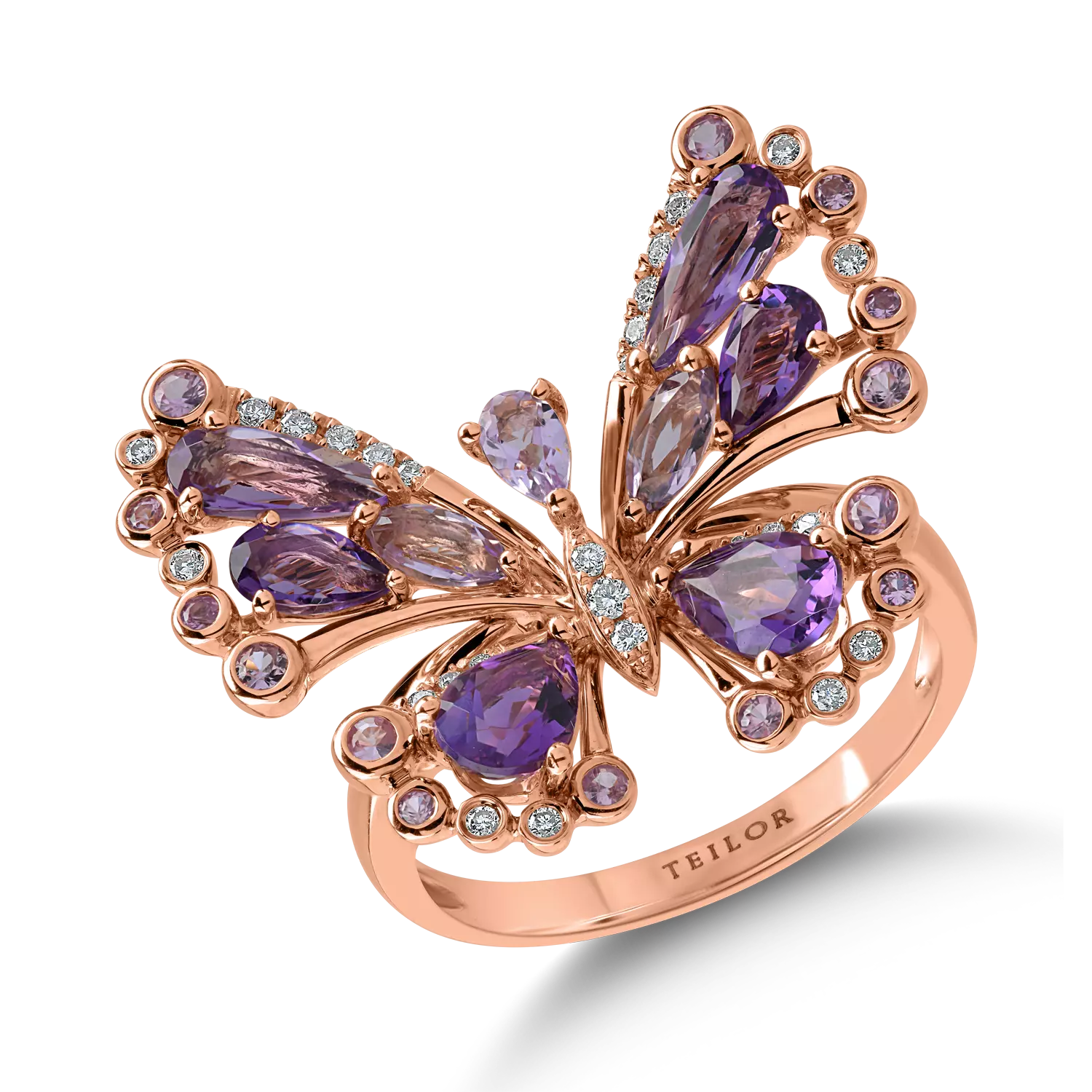 Пръстен пеперуда от розово злато със скъпоценни и полускъпоценни камъни 2.54кт