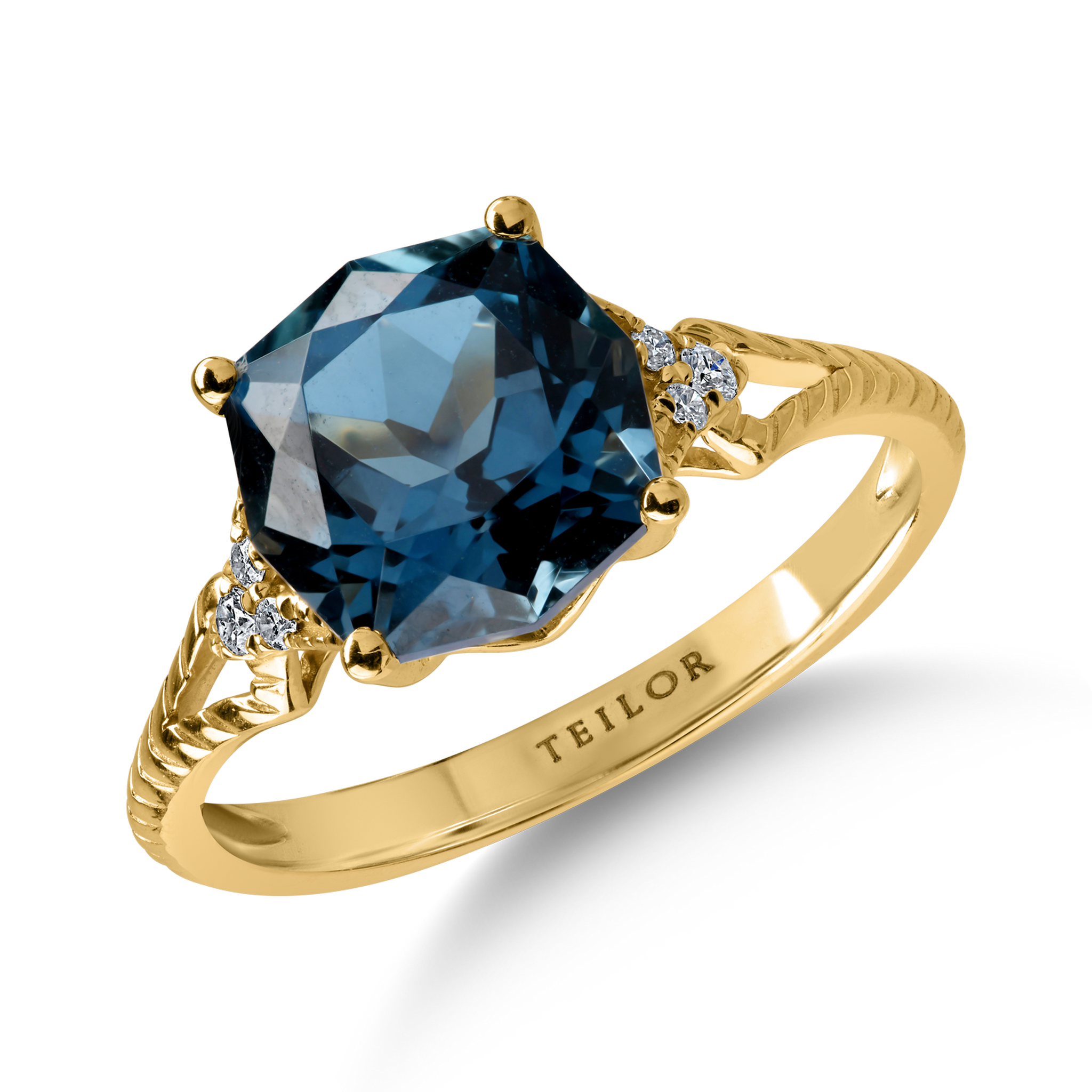 Sárga arany gyűrű 3.71ct Londoni kék topázzal és 0.05ct gyémántokkal