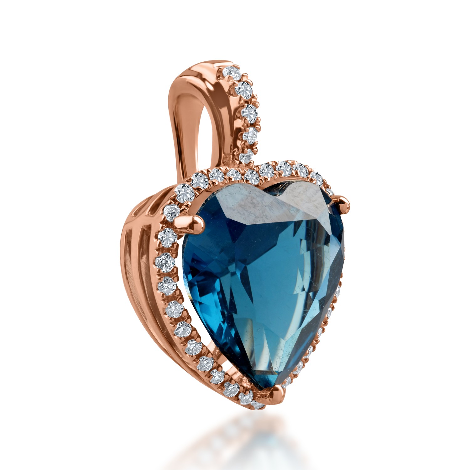 Rózsarany szív medál 5.4ct londoni kék topázzal és 0.16ct gyémántokkal