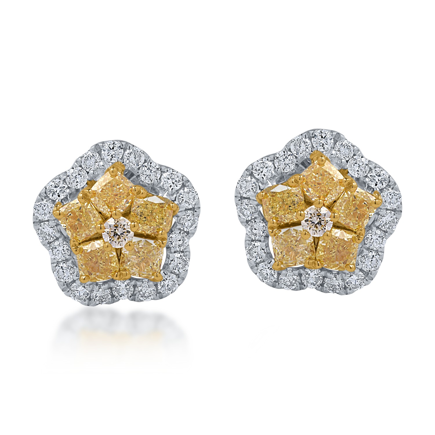 Fehér-sárga arany virágos fülbevaló 1.24ct sárga gyémántokkal és 0.44ct tiszta gyémántokkal