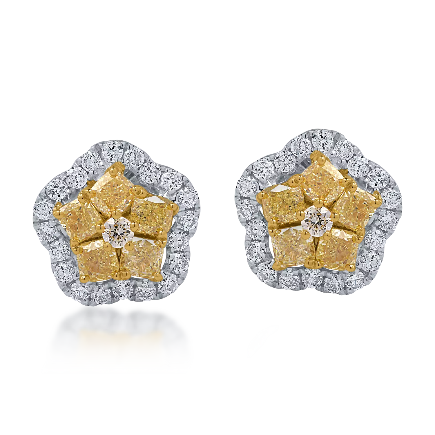 Fehér-sárga arany virágos fülbevaló 1.24ct sárga gyémántokkal és 0.44ct tiszta gyémántokkal