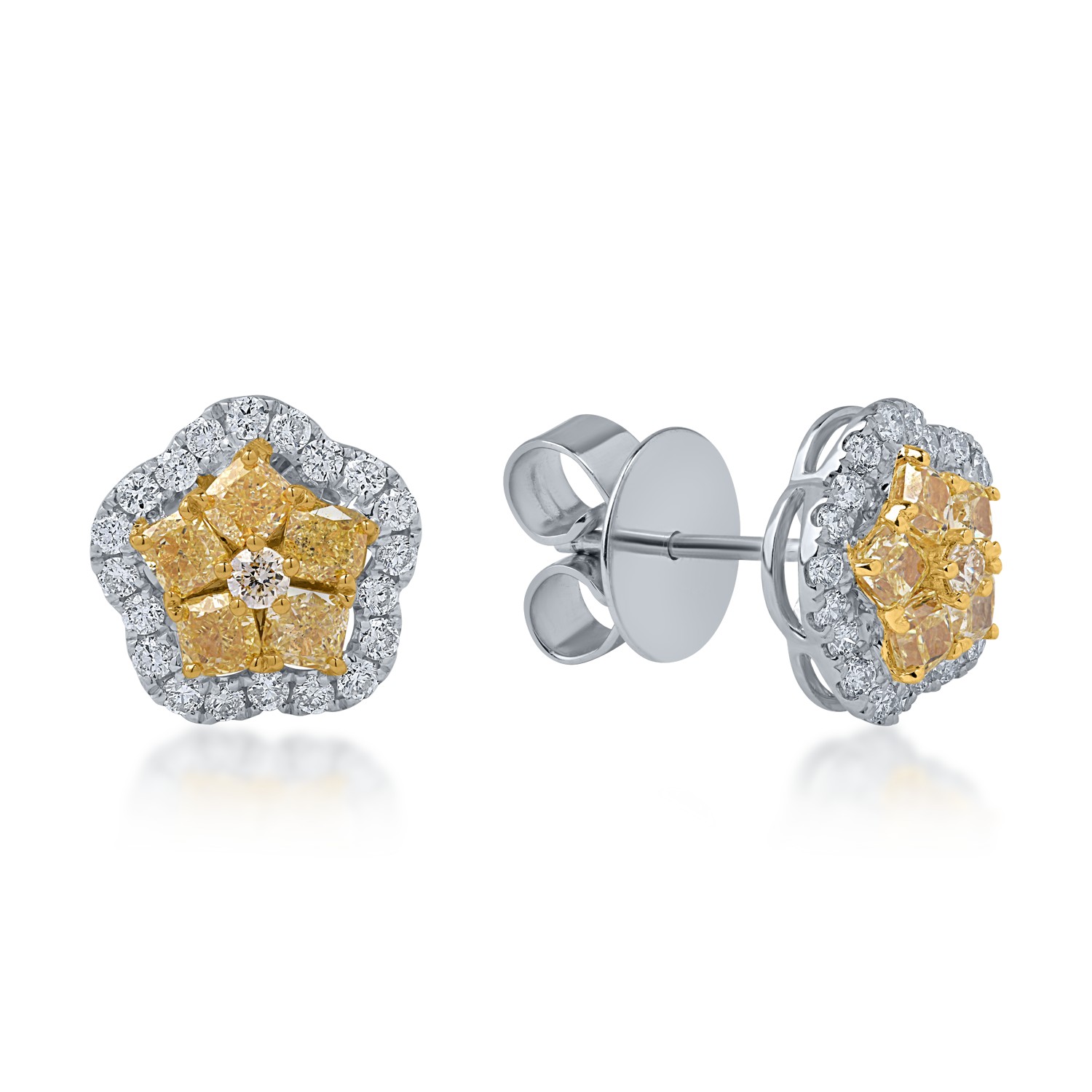 Kolczyki kwiatowe z biało-żółtego złota z żółtymi diamentami o masie 1.24ct i przezroczystymi diamentami o masie 0.44ct