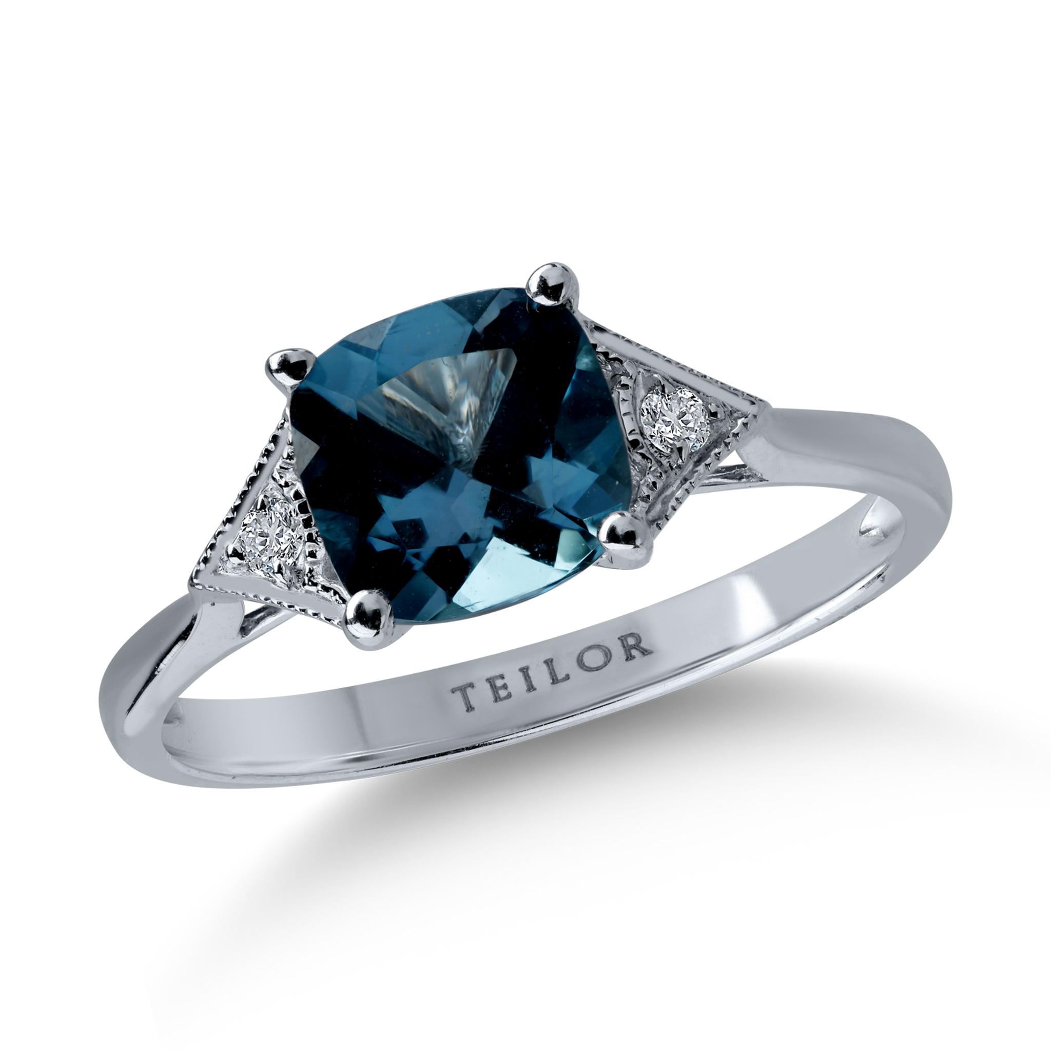Fehérarany gyűrű 1.69ct Londoni kék topázzal és 0.04ct gyémántokkal