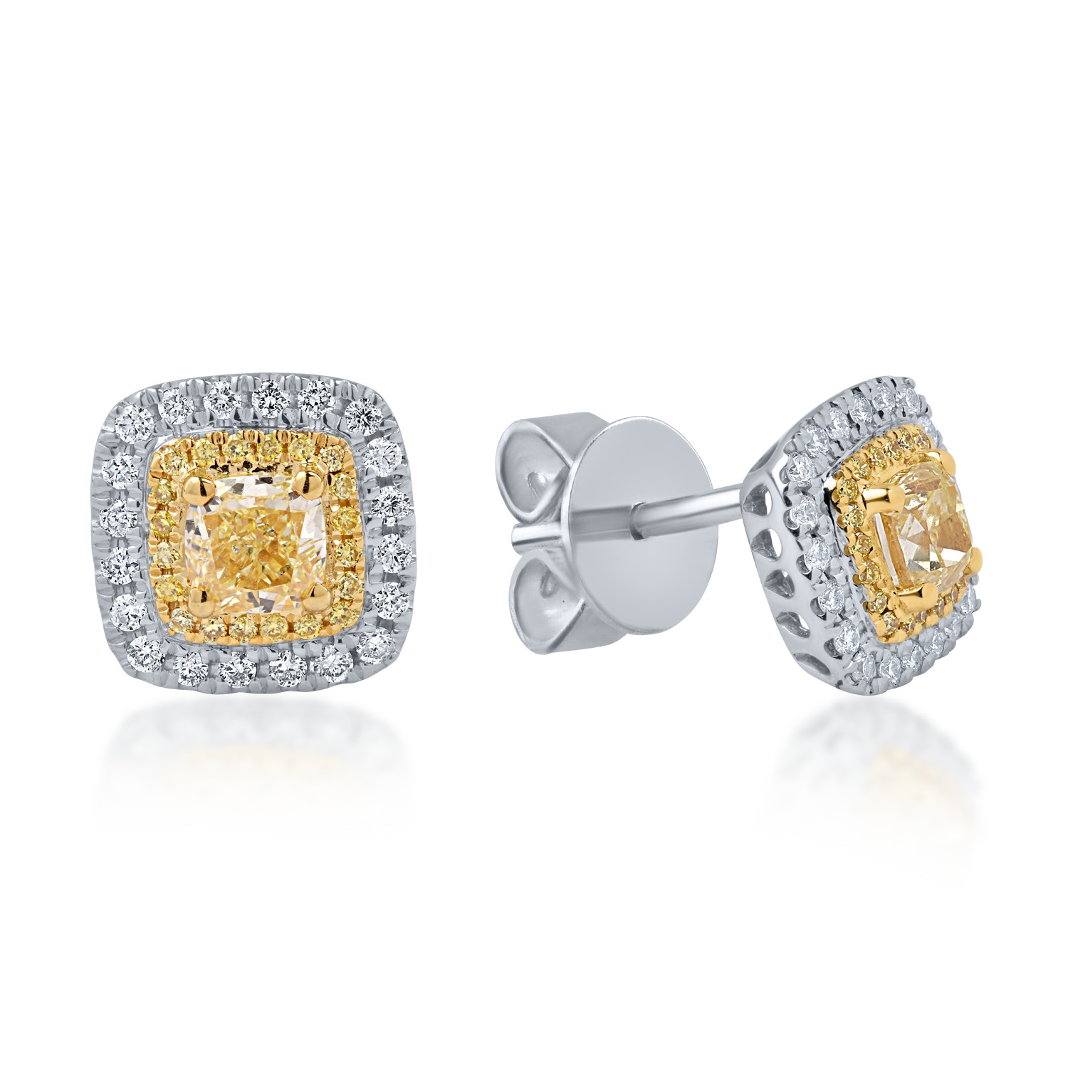 Cercei din aur alb-galben cu diamante galbene de 1.13ct si diamante transparente de 0.26ct