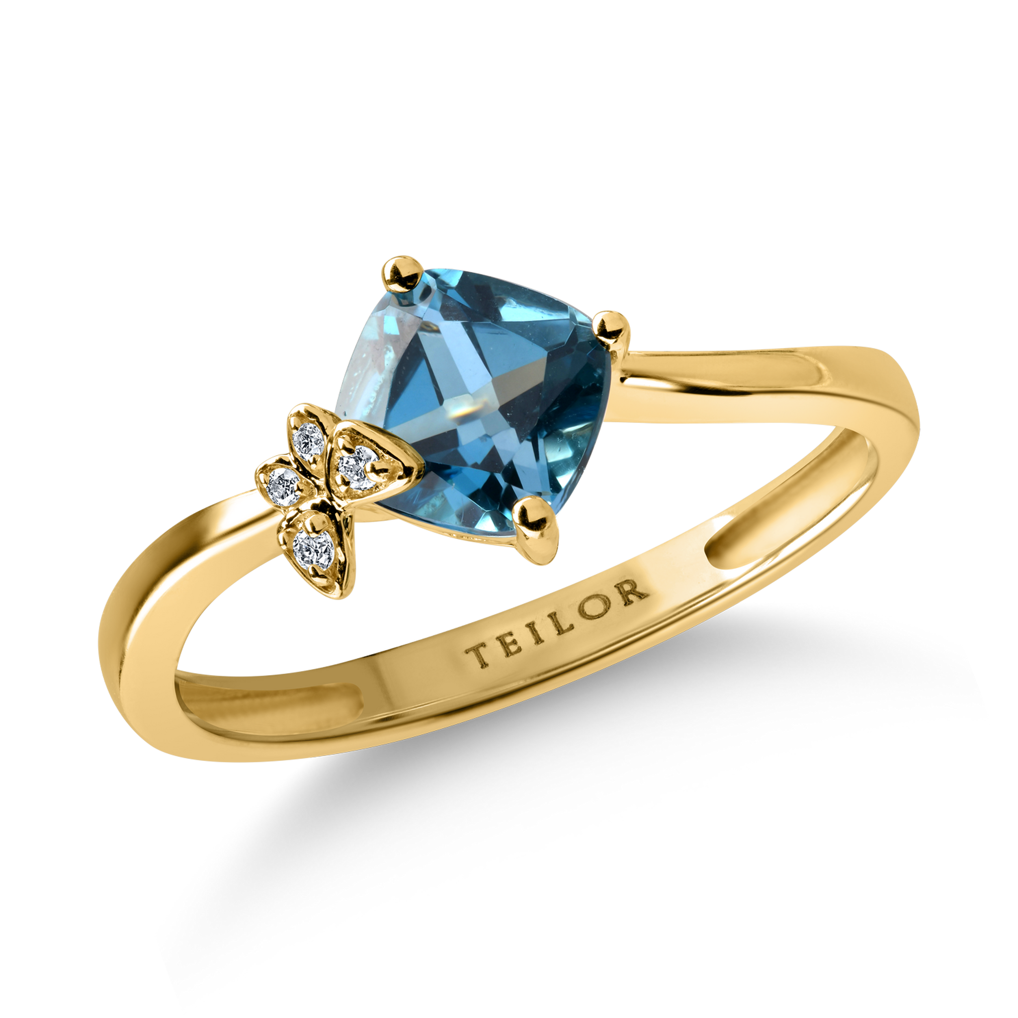Sárga arany gyűrű 1.14ct Londoni kék topázzal és 0.02ct gyémántokkal