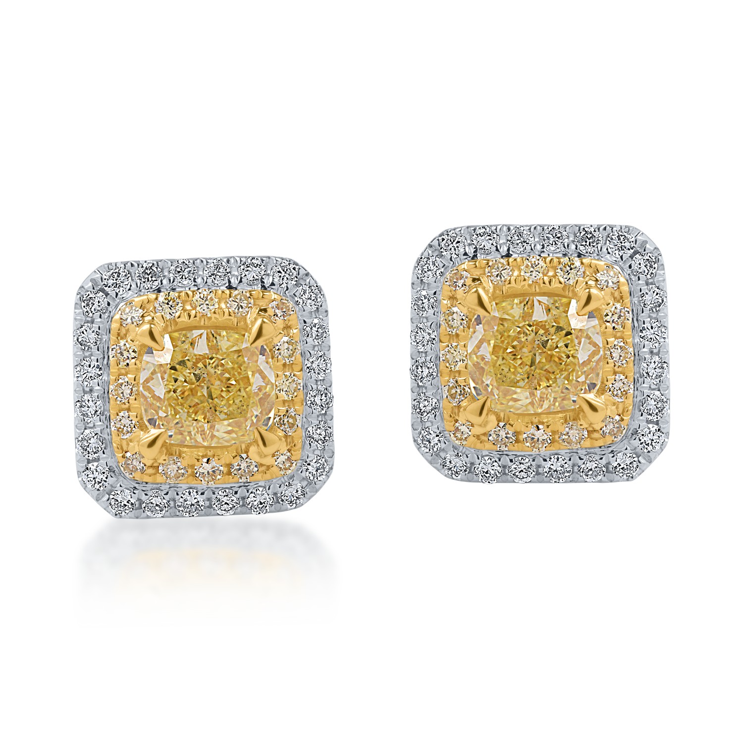 Cercei din aur alb-galben cu diamante galbene de 1.32ct si diamante transparente de 0.24ct