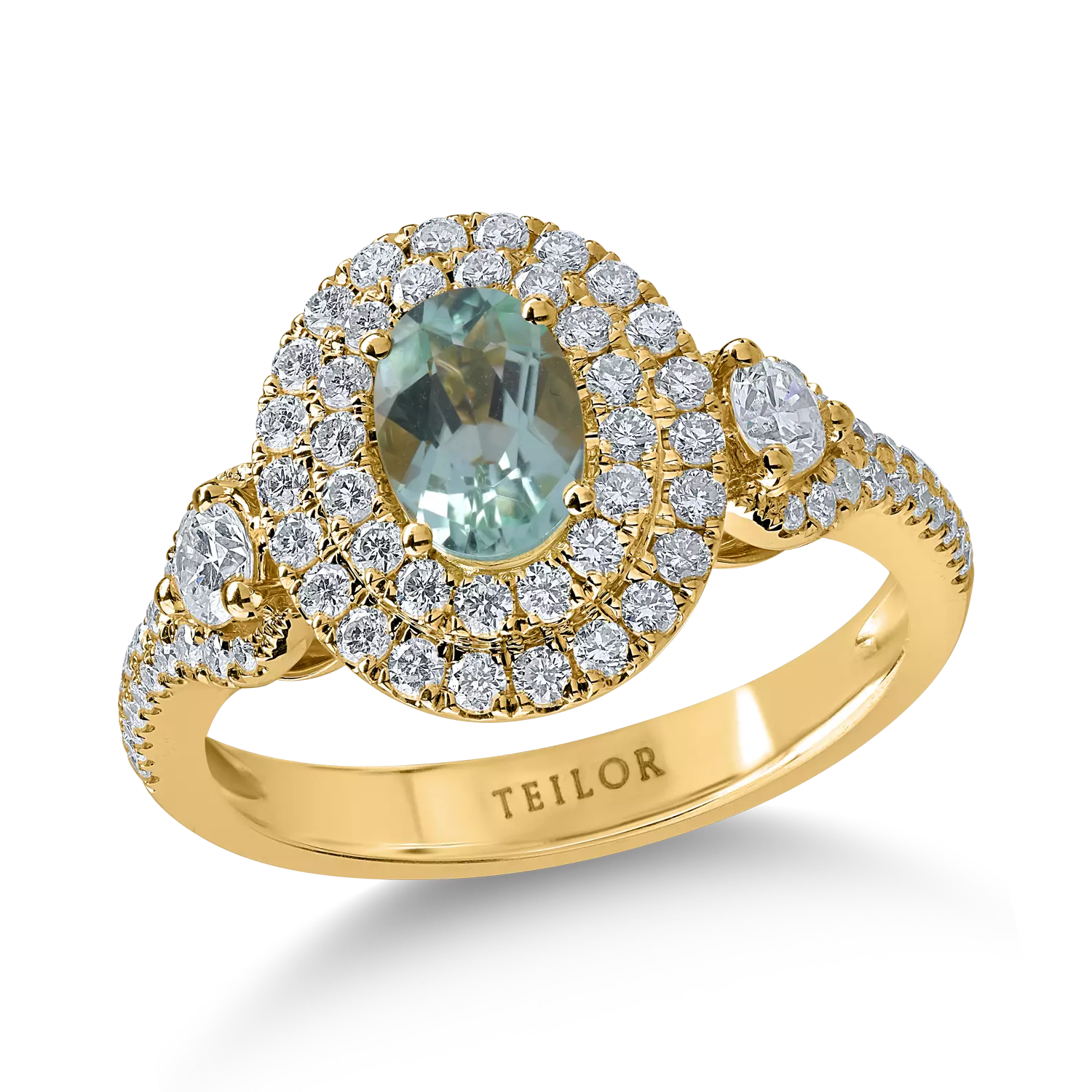 Sárga arany gyűrű 0.73ct paraiba topázzal és 0.78ct gyémántokkal