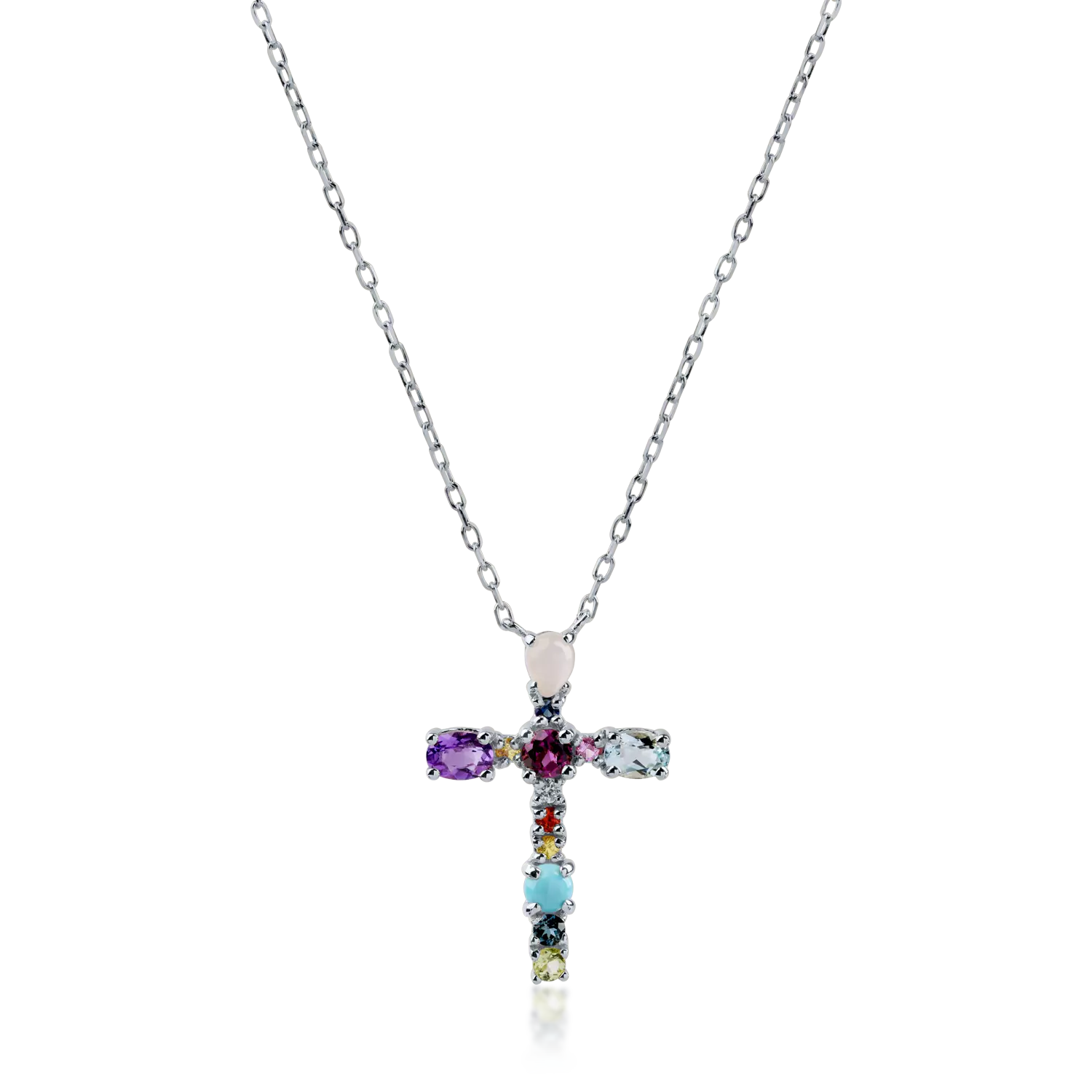 White gold cross pendant necklace with 1.03ct precious and semi-precious stones