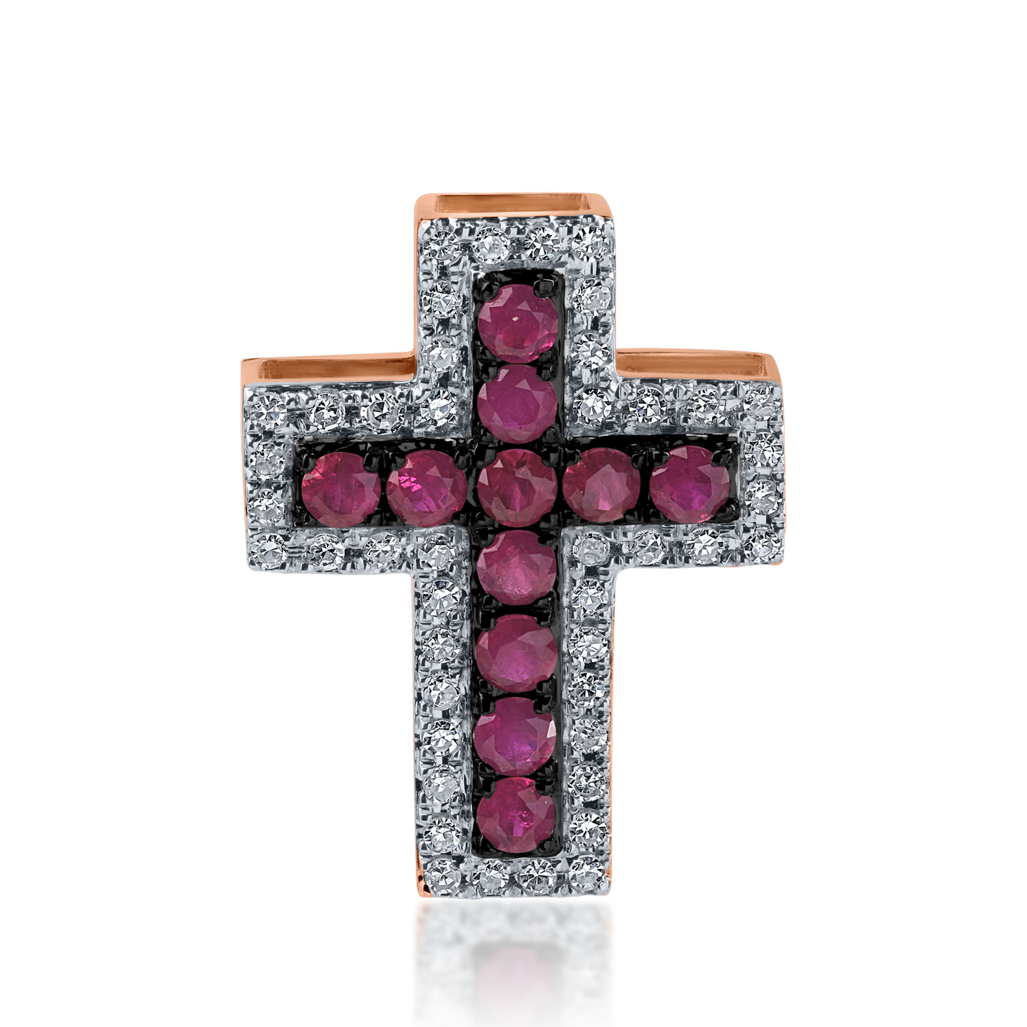 Zawieszka w kształcie krzyża z białego różowego złota z rubinami o masie 0.281ct i diamentami o masie 0.121ct