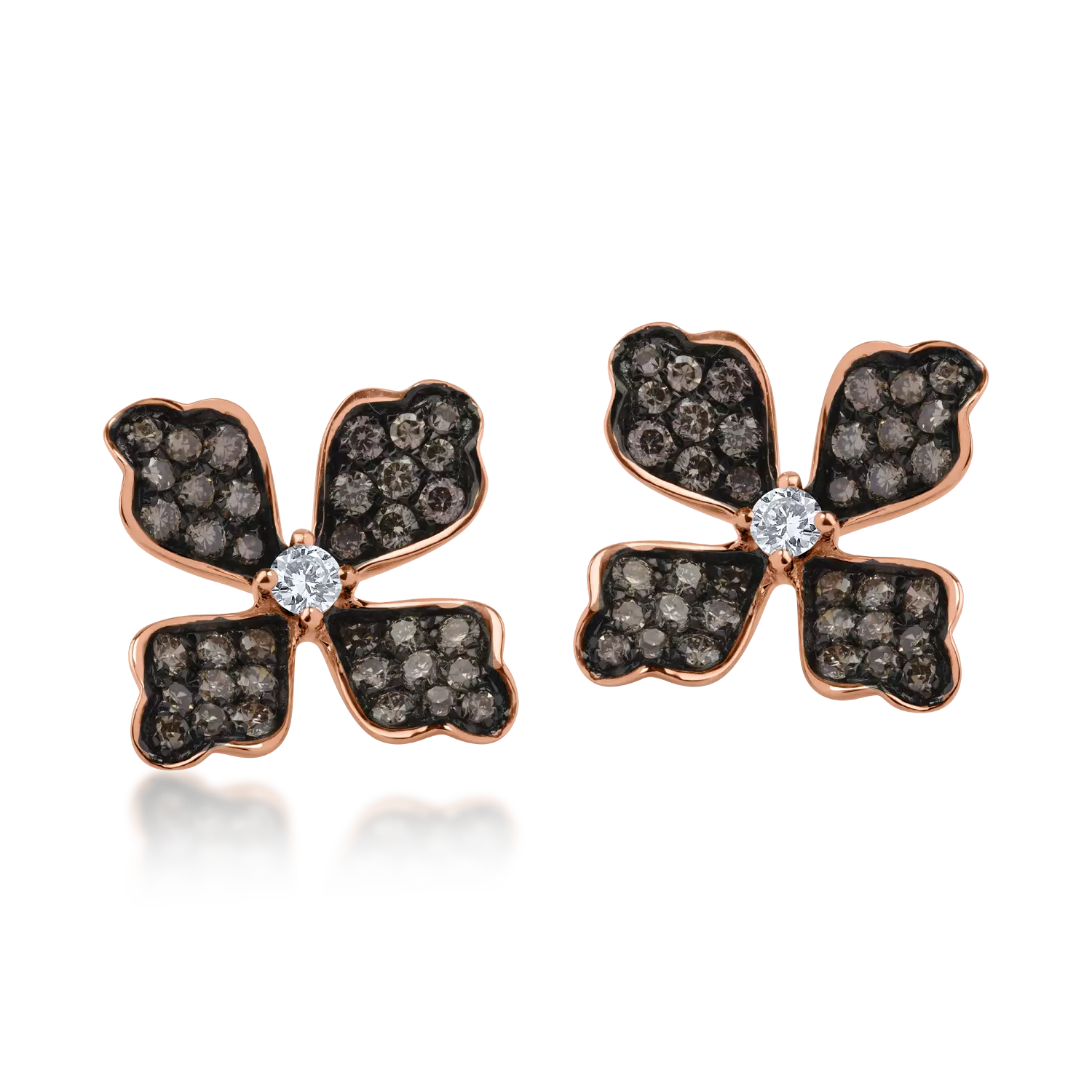 Rose gold earrings with 0.068ct clear diamonds and 0.5ct brown diamonds