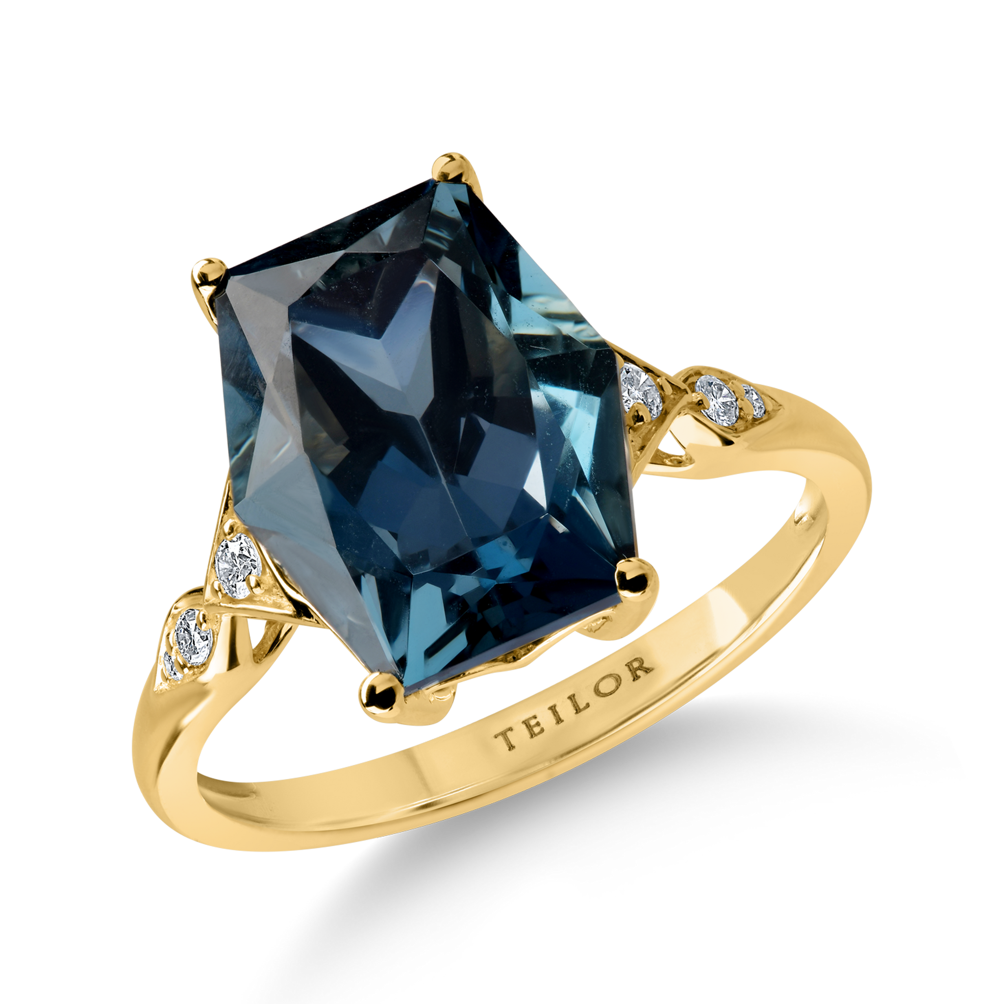 Sárga arany gyűrű 6.37ct Londoni kék topázzal és 0.07ct gyémántokkal