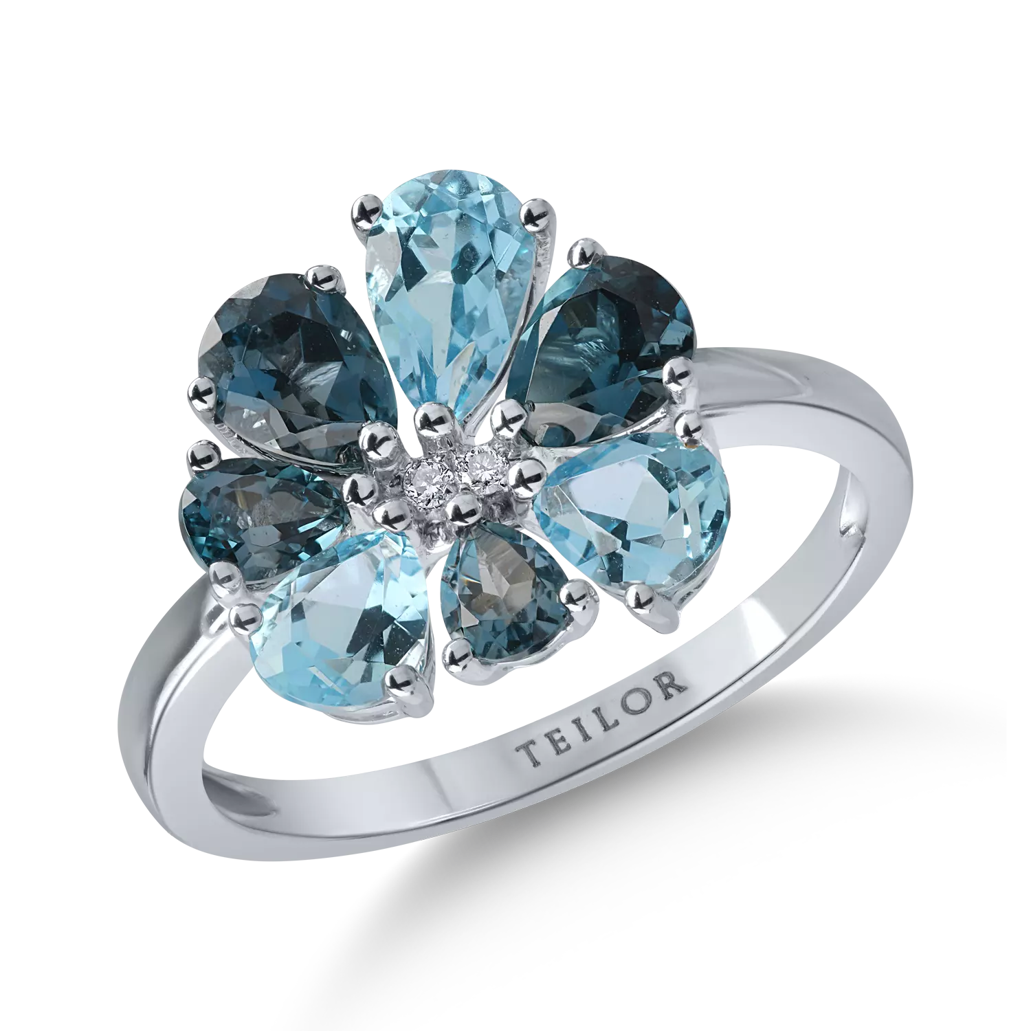White gold flower ring with 2.64ct topazes and 0.02ct diamonds