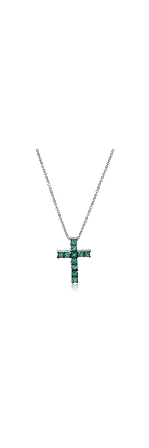 White gold cross pendant necklace with 0.55ct emeralds