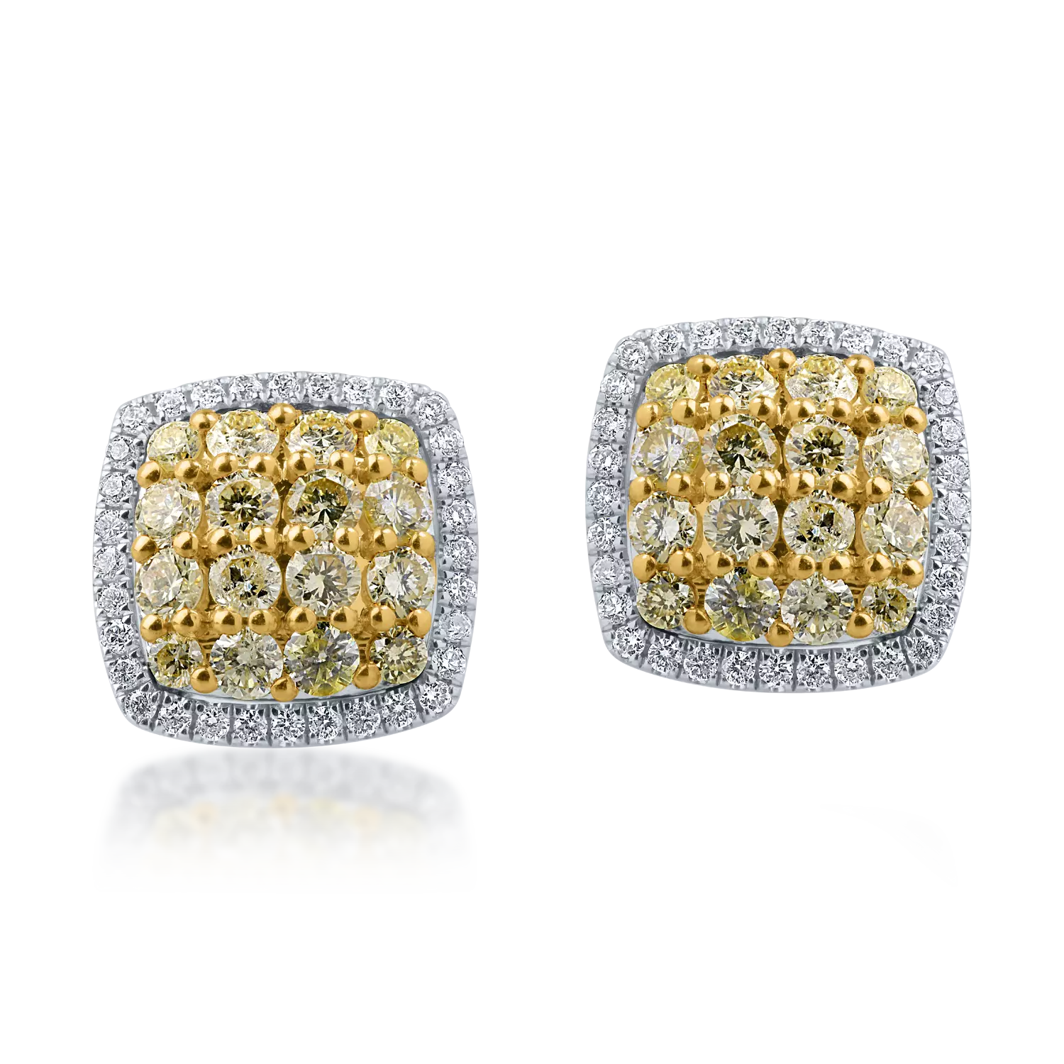 Cercei din aur alb-galben cu diamante galbene de 0.99ct si diamante transparente de 0.24ct