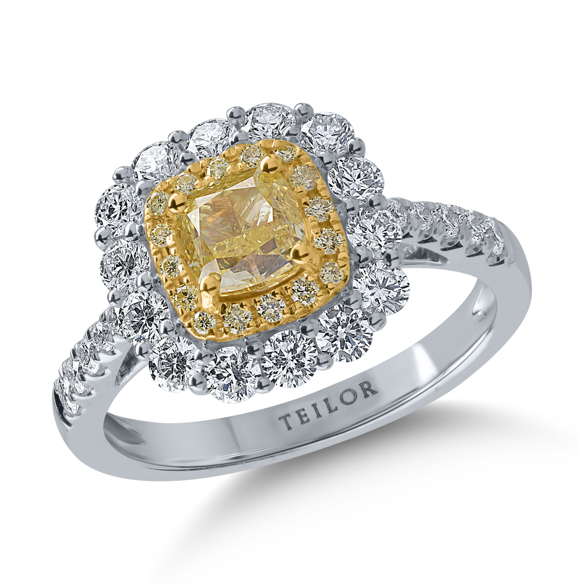 Inel din aur alb-galben cu diamante galbene de 1.12ct si diamante transparente de 0.88ct