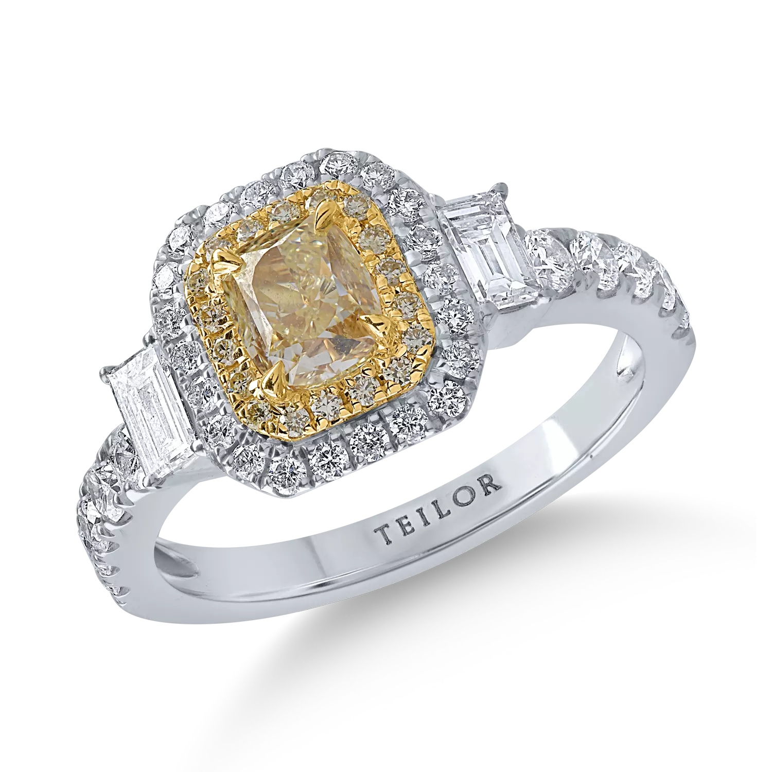 Inel din aur alb-galben cu diamante galbene de 1.09ct si diamante transparente de 0.82ct