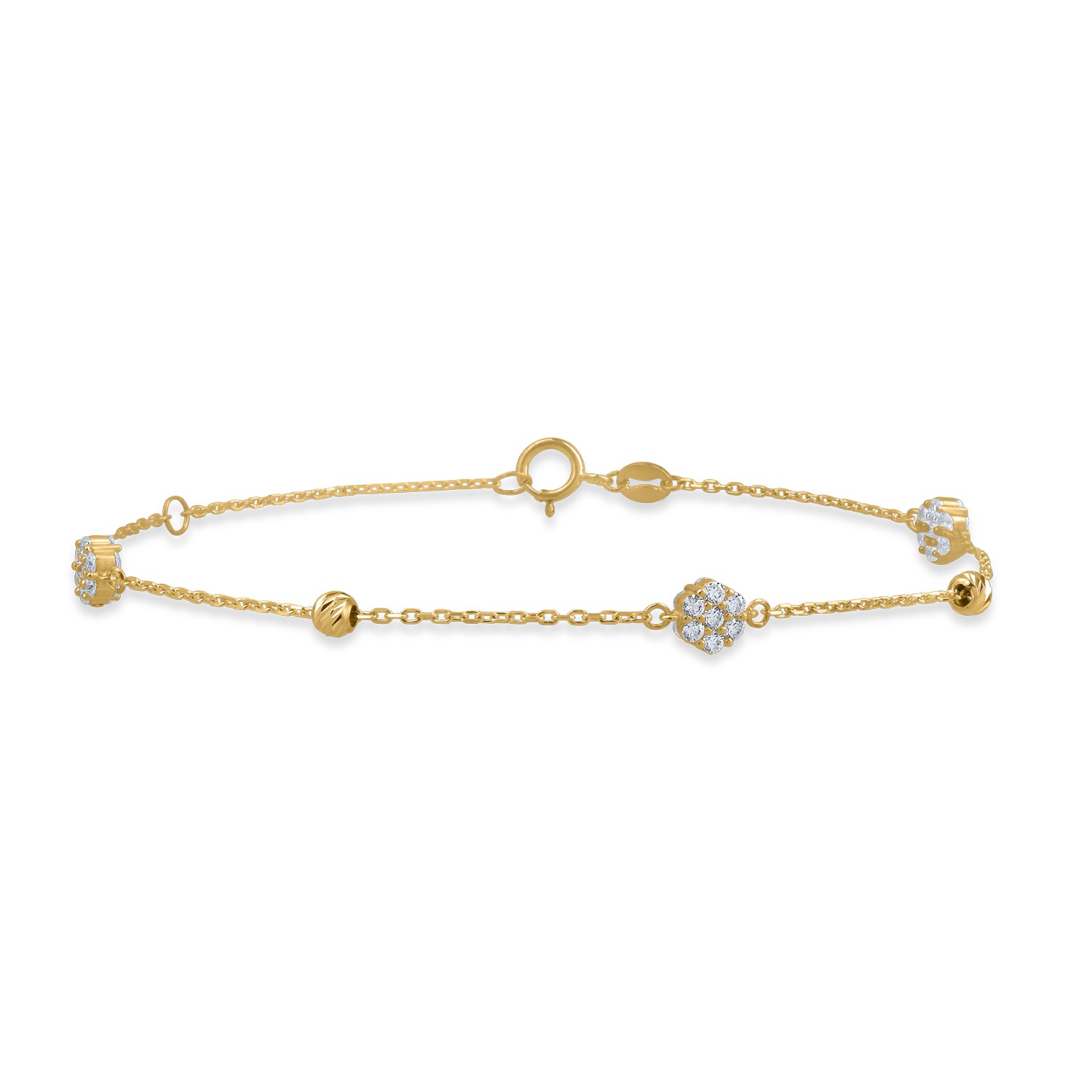 Yellow gold bracelet with beads and flower pendants