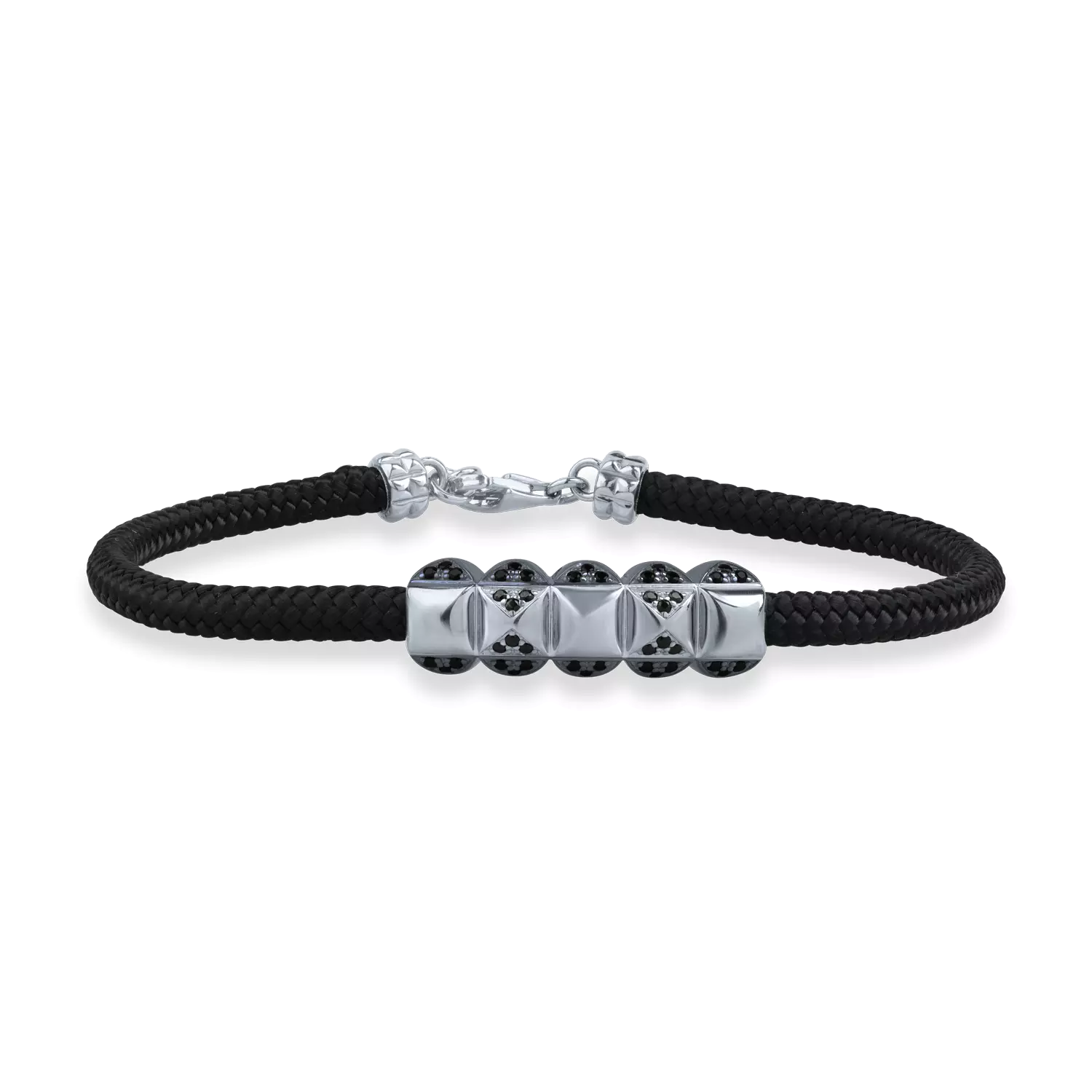 Bracelet with black cord and silver details for men
