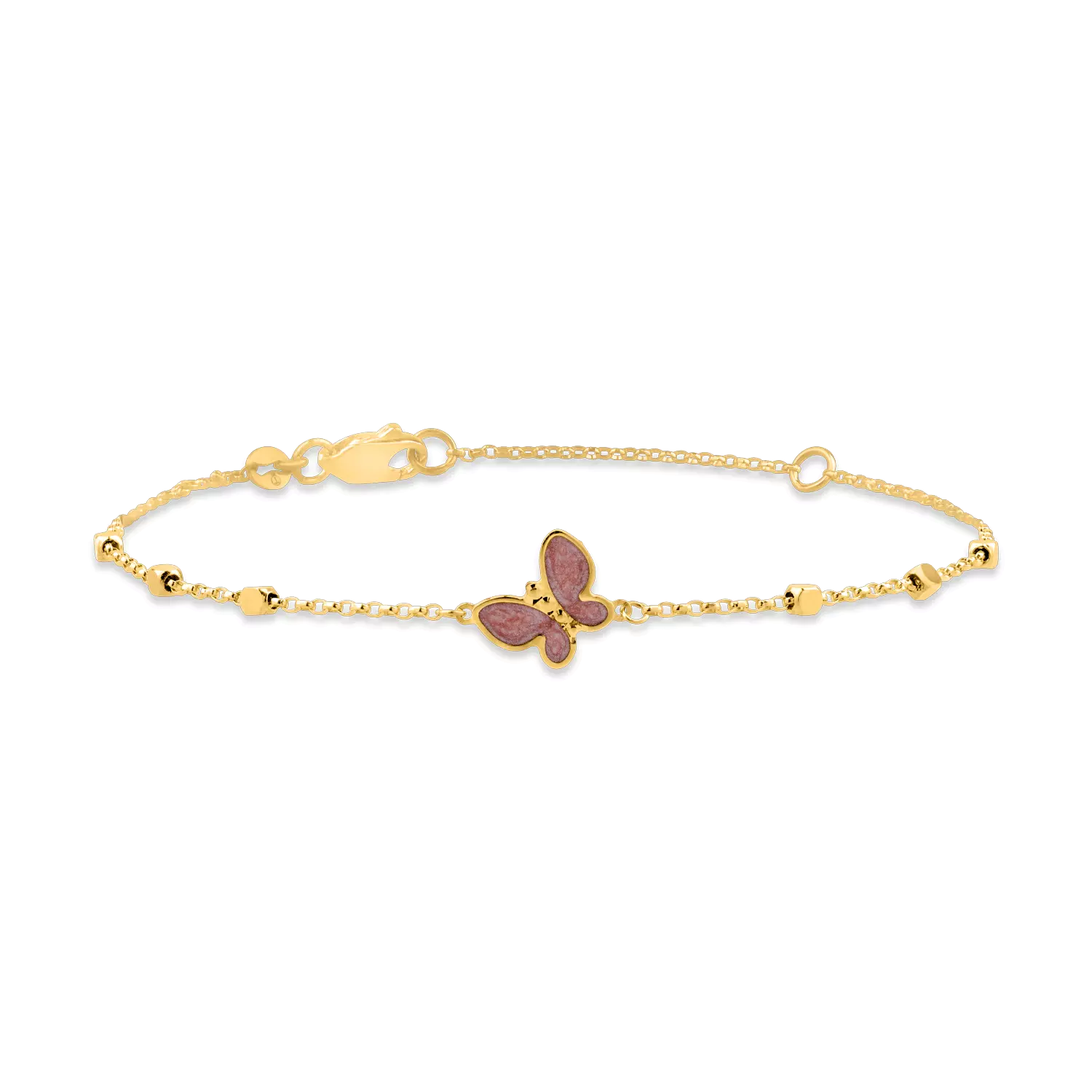 Yellow gold bracelet with beads and butterfly pendant
