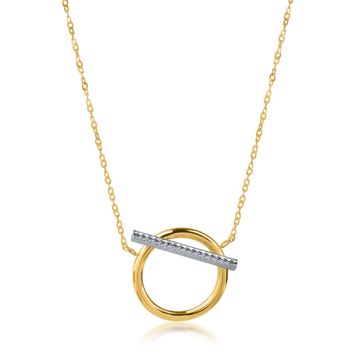 Yellow gold geometric pendant chain and white gold detail