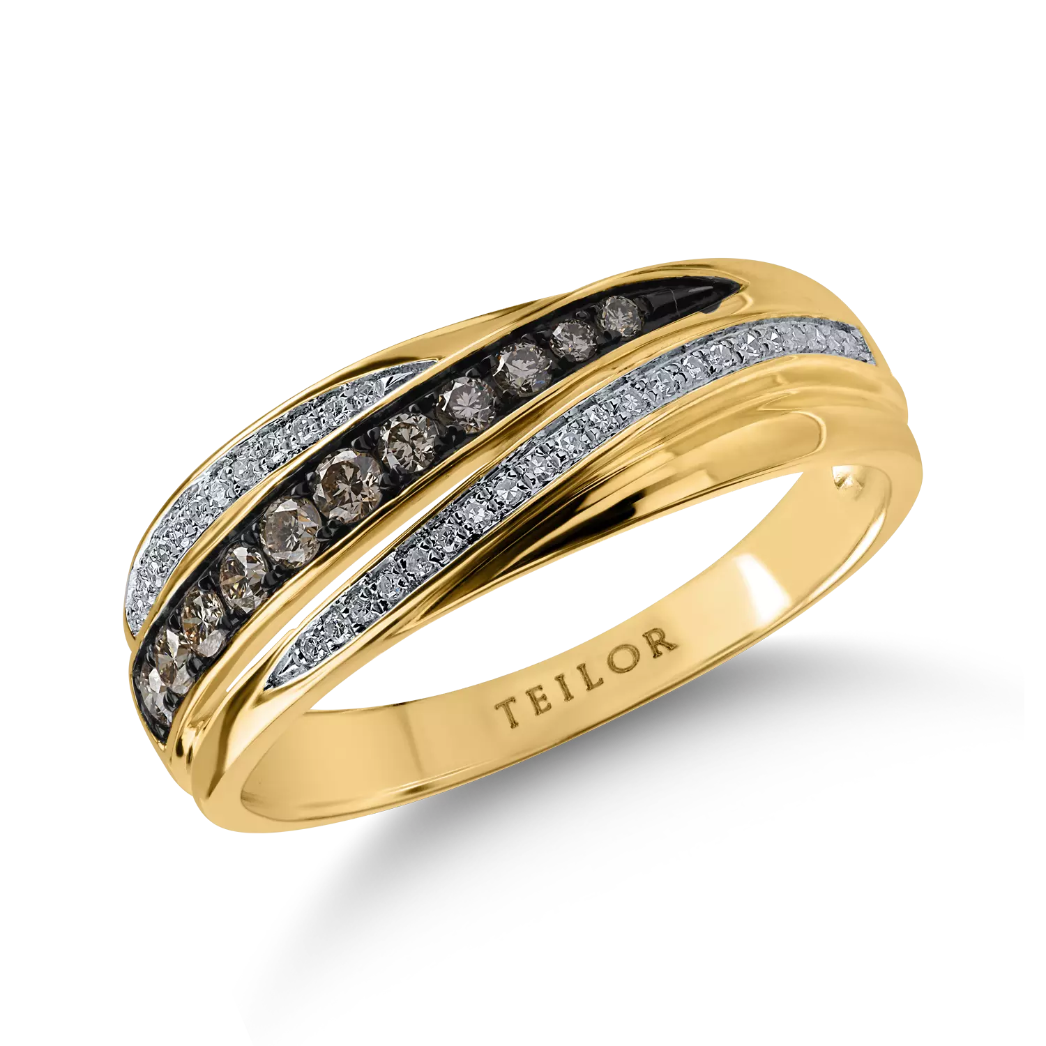 Sárga arany gyűrű 0.186ct barna gyémántokkal és 0.07ct tiszta gyémántokkal