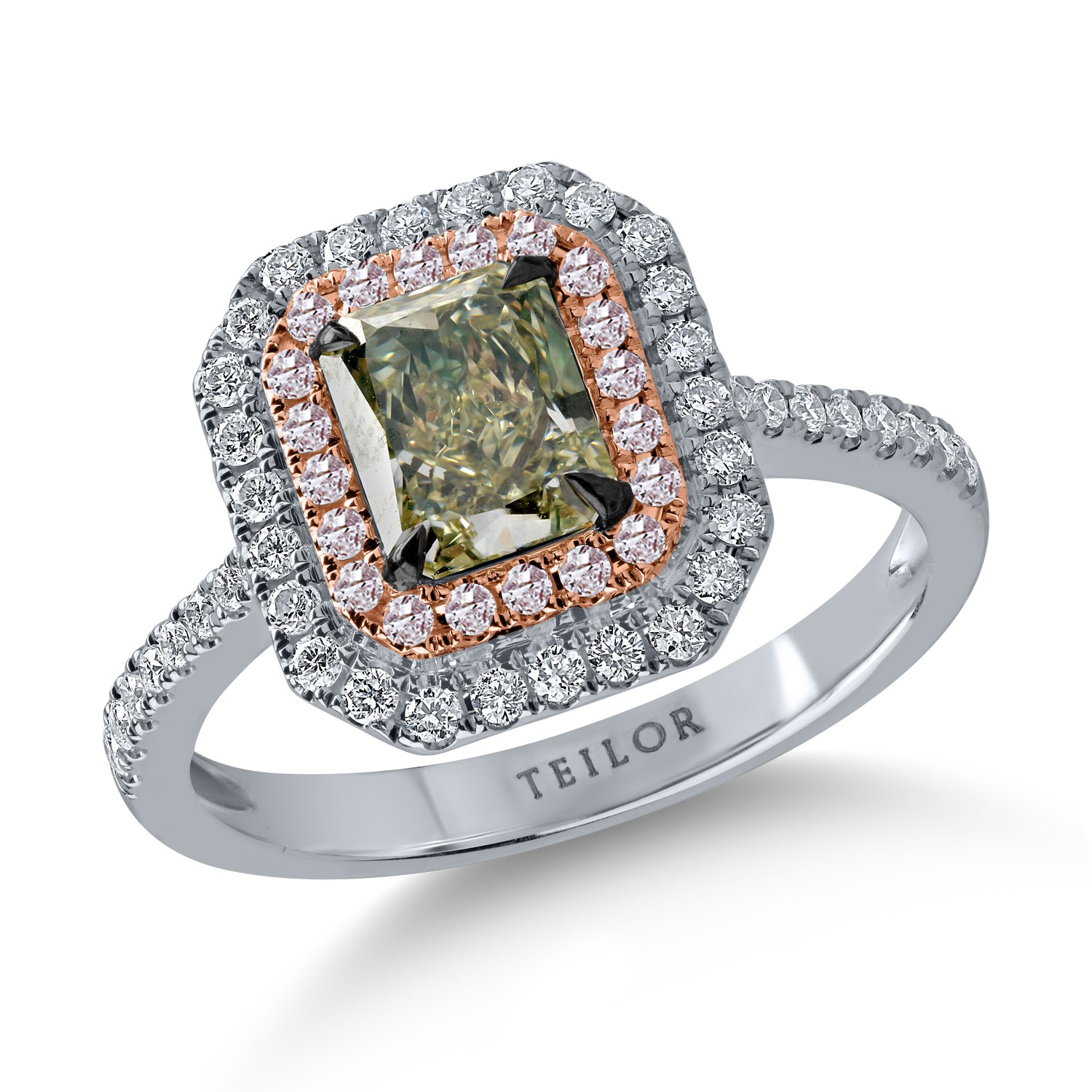 Fehér rózsa arany gyűrű egy 1.17ct középső zöld gyémánttal és 0.44ct színtelen és rózsaszín gyémántokkal