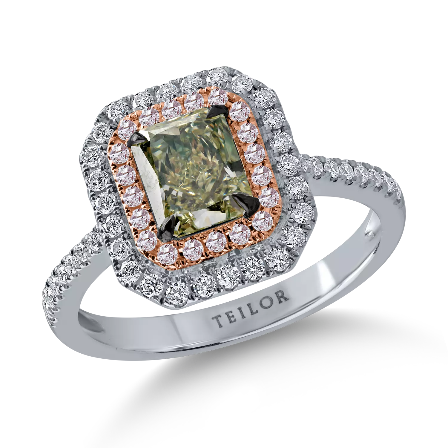 White-rose gold ring with one 1.17ct central green diamond and 0.44ct colorless and pink diamonds halo pave