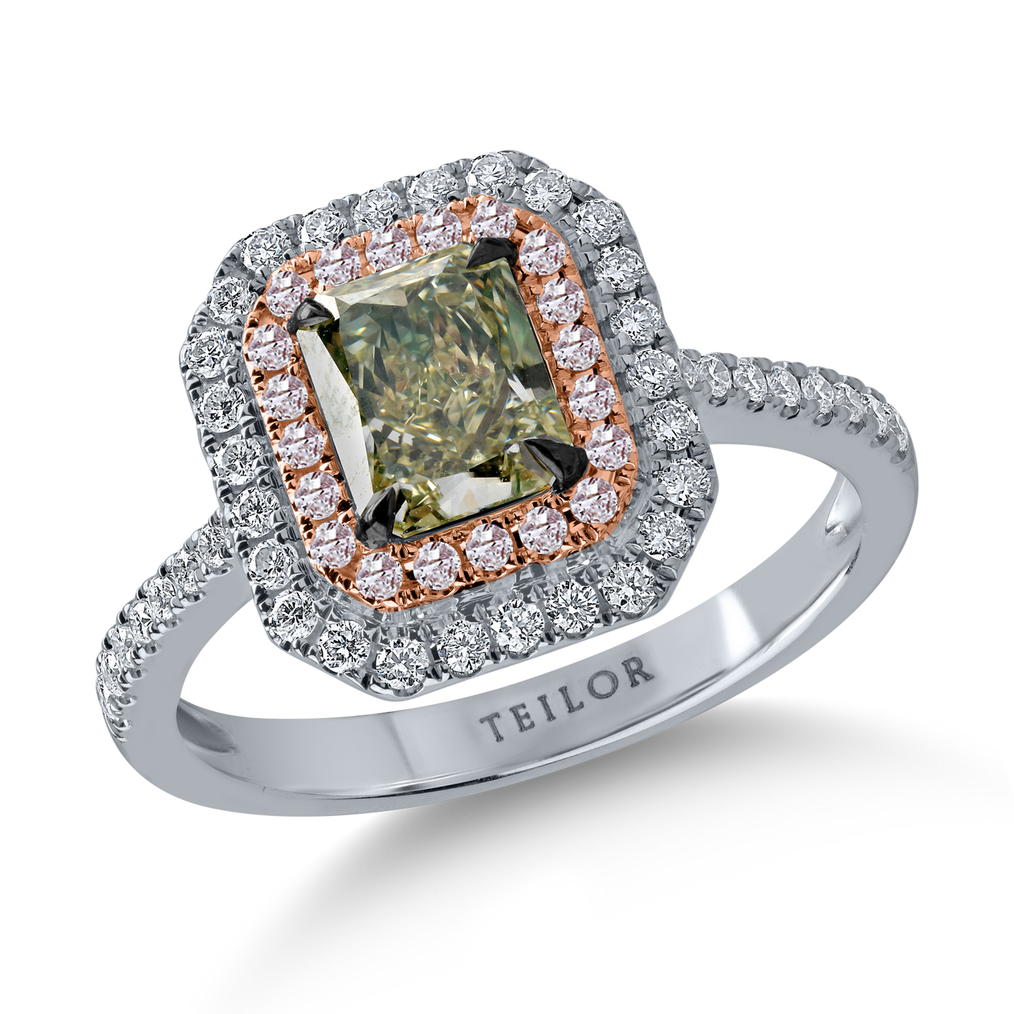 Inel din aur alb-roz cu un diamant verde central de 1.17ct si diamante incolore si roz halo pave de 0.44ct image10