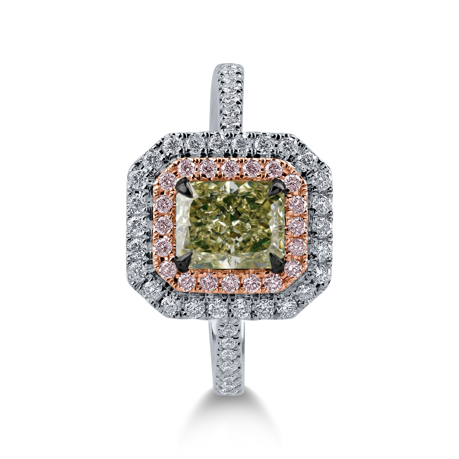 Пръстен от бяло розово злато с един 1.17кт централен зелен диамант и 0.44кт безцветни и розови диаманти с ореол