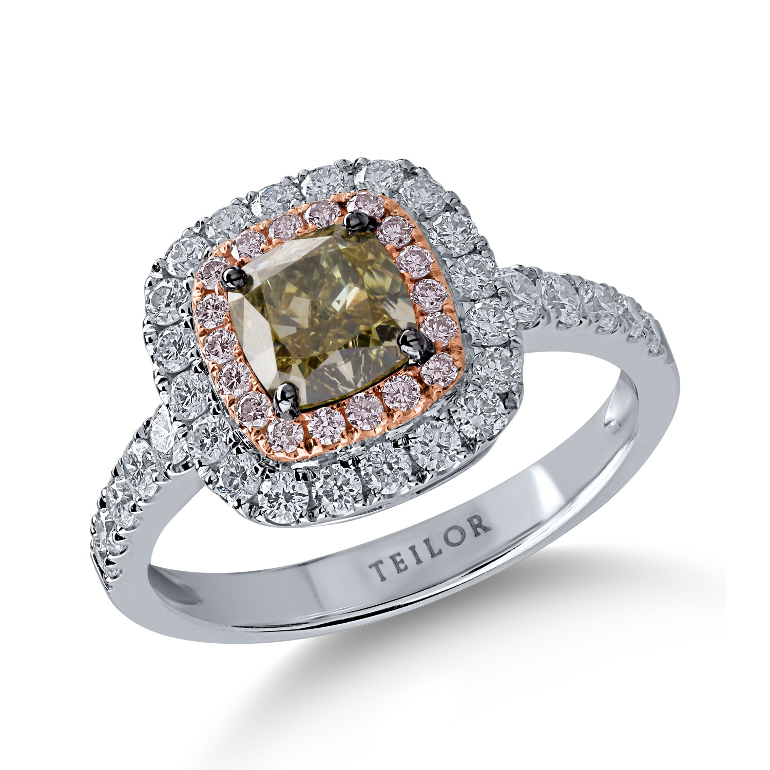 Fehér rózsa arany gyűrű egy 1.14ct központi zöld gyémánttal és 0.79ct színtelen és rózsaszín gyémántokkal