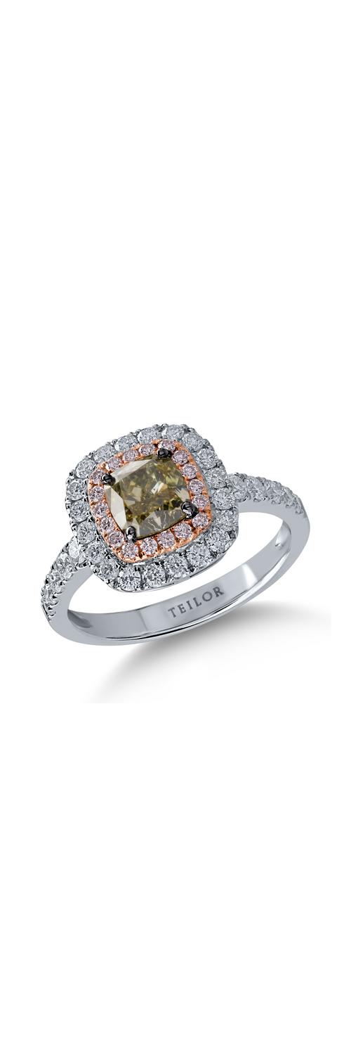 Fehér rózsa arany gyűrű egy 1.14ct központi zöld gyémánttal és 0.79ct színtelen és rózsaszín gyémántokkal
