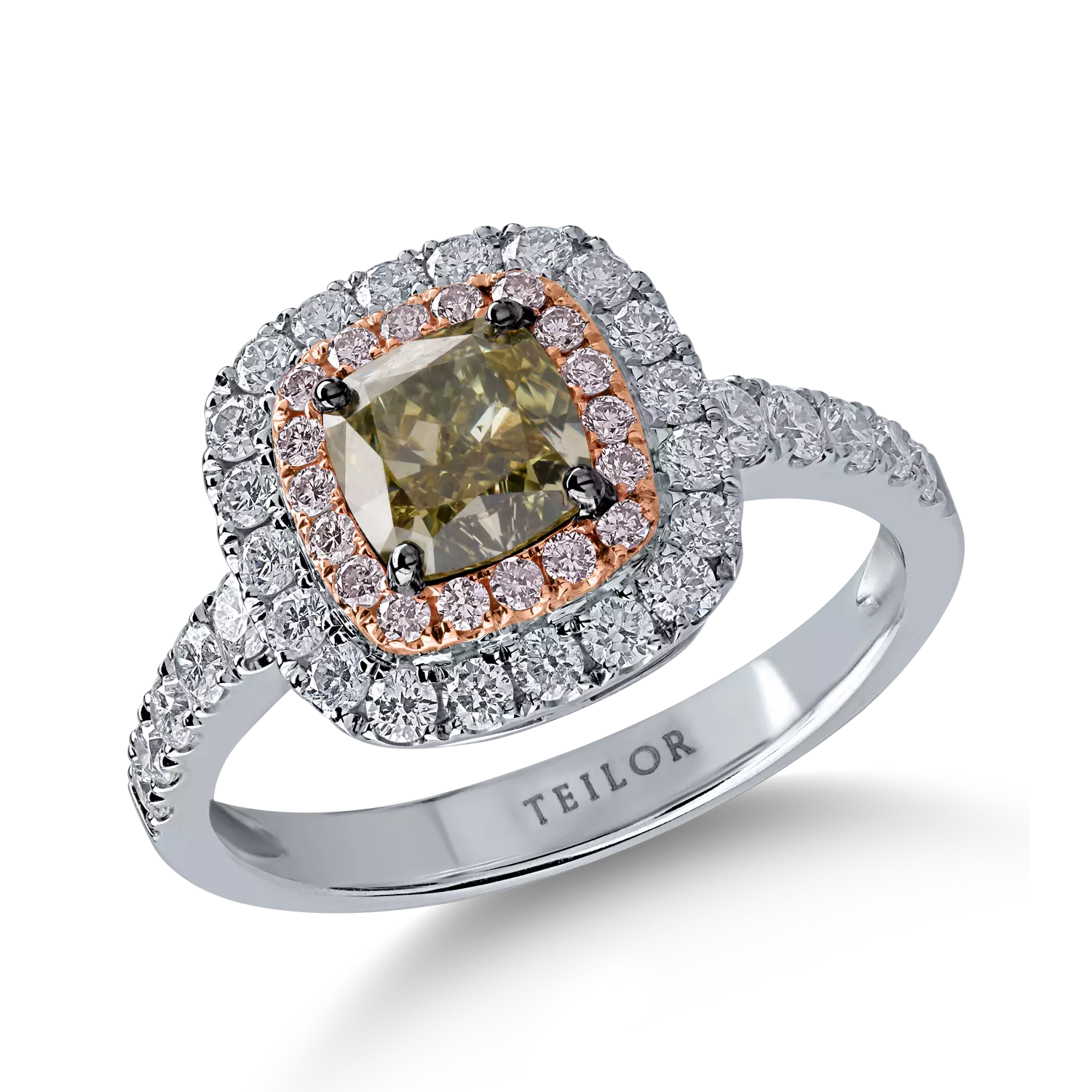 White-rose gold ring with one 1.14ct central green diamond and 0.79ct colorless and pink diamonds halo pave