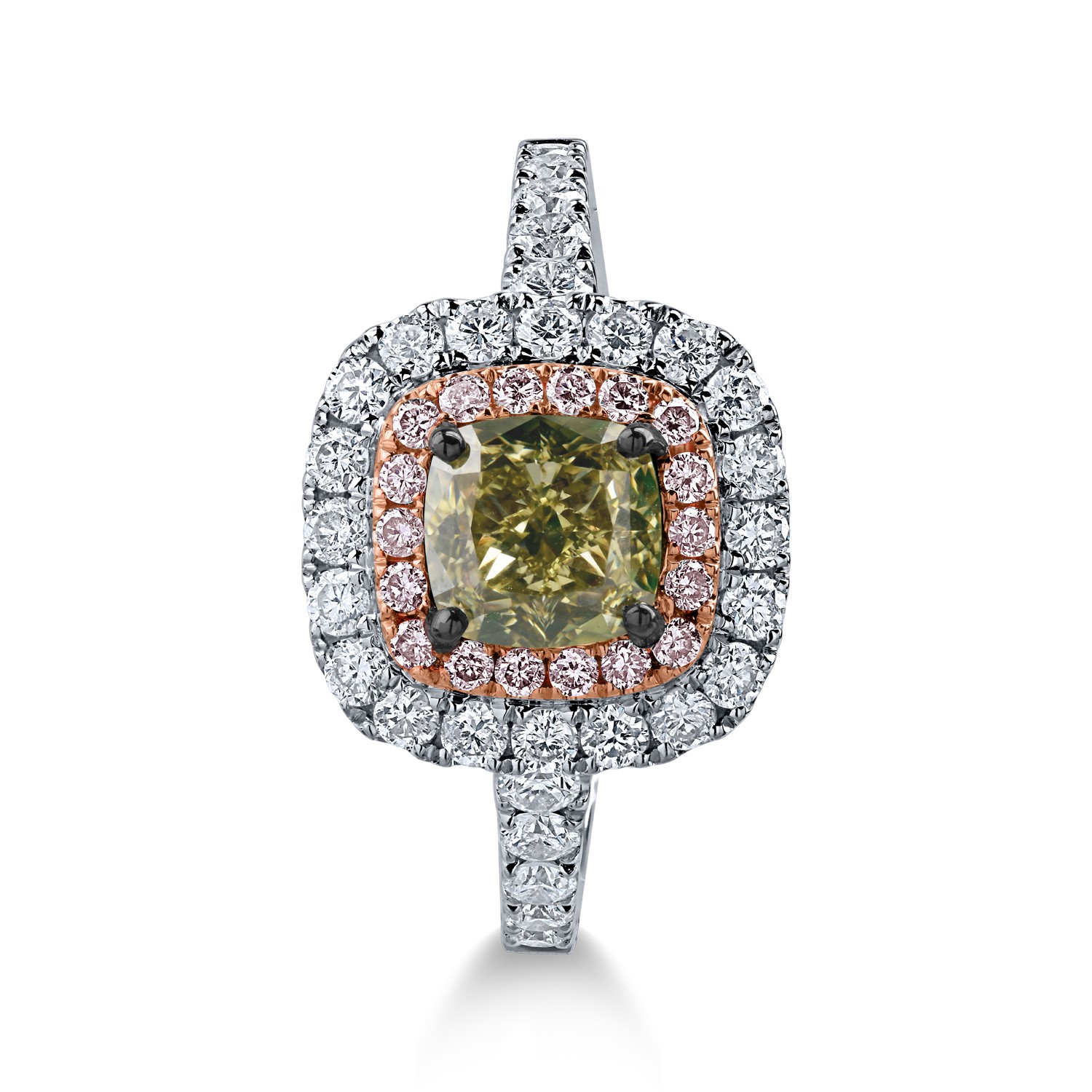 Пръстен от бяло розово злато с един 1.14кт централен зелен диамант и 0.79кт безцветни и розови диаманти с ореол