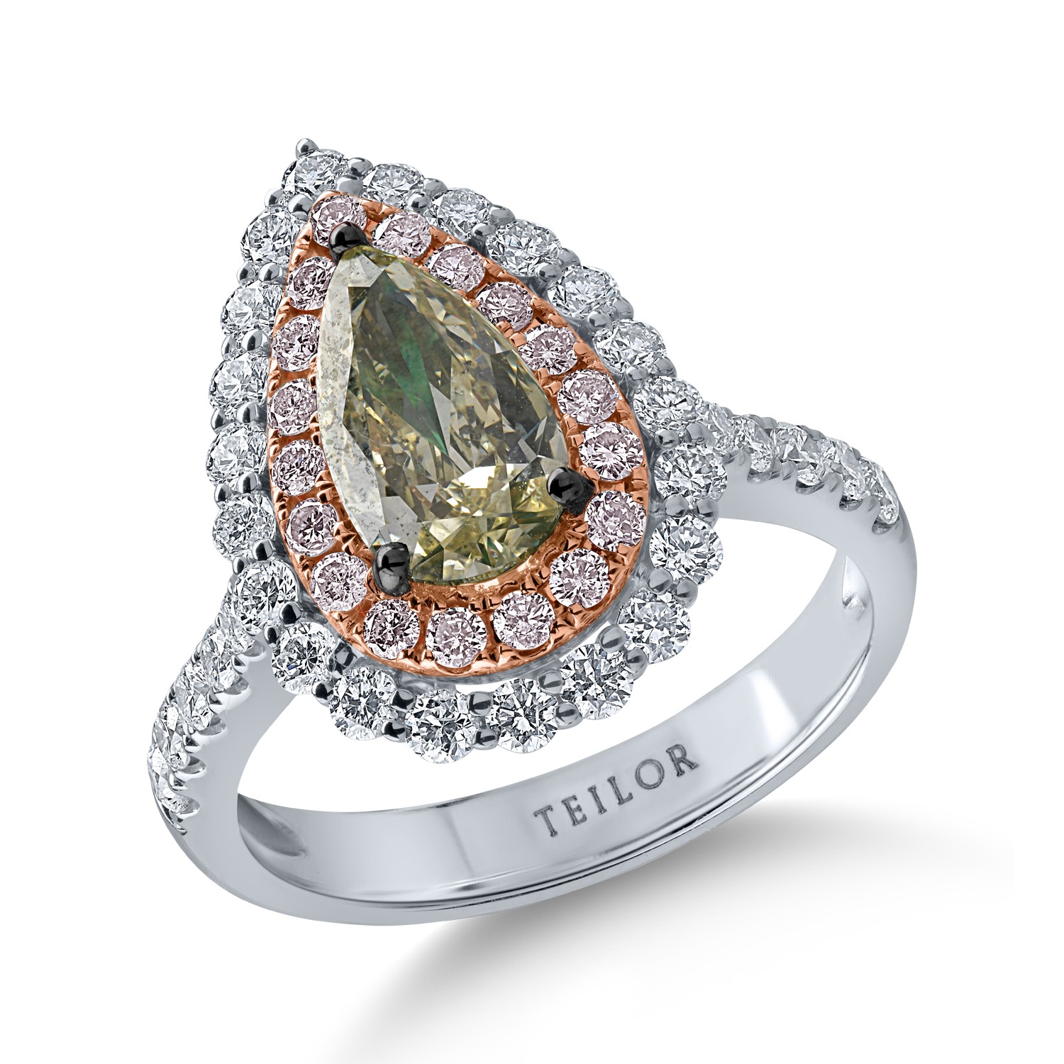 Inel din aur alb-roz cu un diamant verde central de 1.27ct si diamante incolore si roz halo pave de 1.12ct