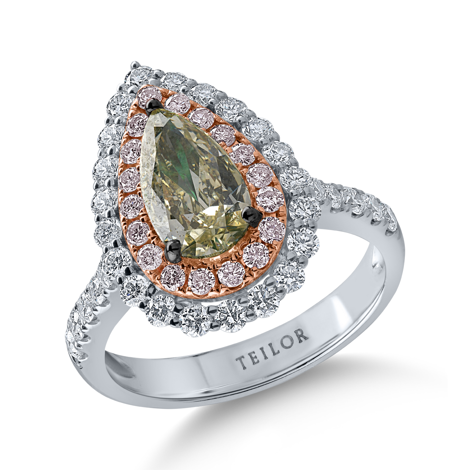 Inel din aur alb-roz cu un diamant verde central de 1.27ct si diamante incolore si roz halo pave de 1.12ct image3