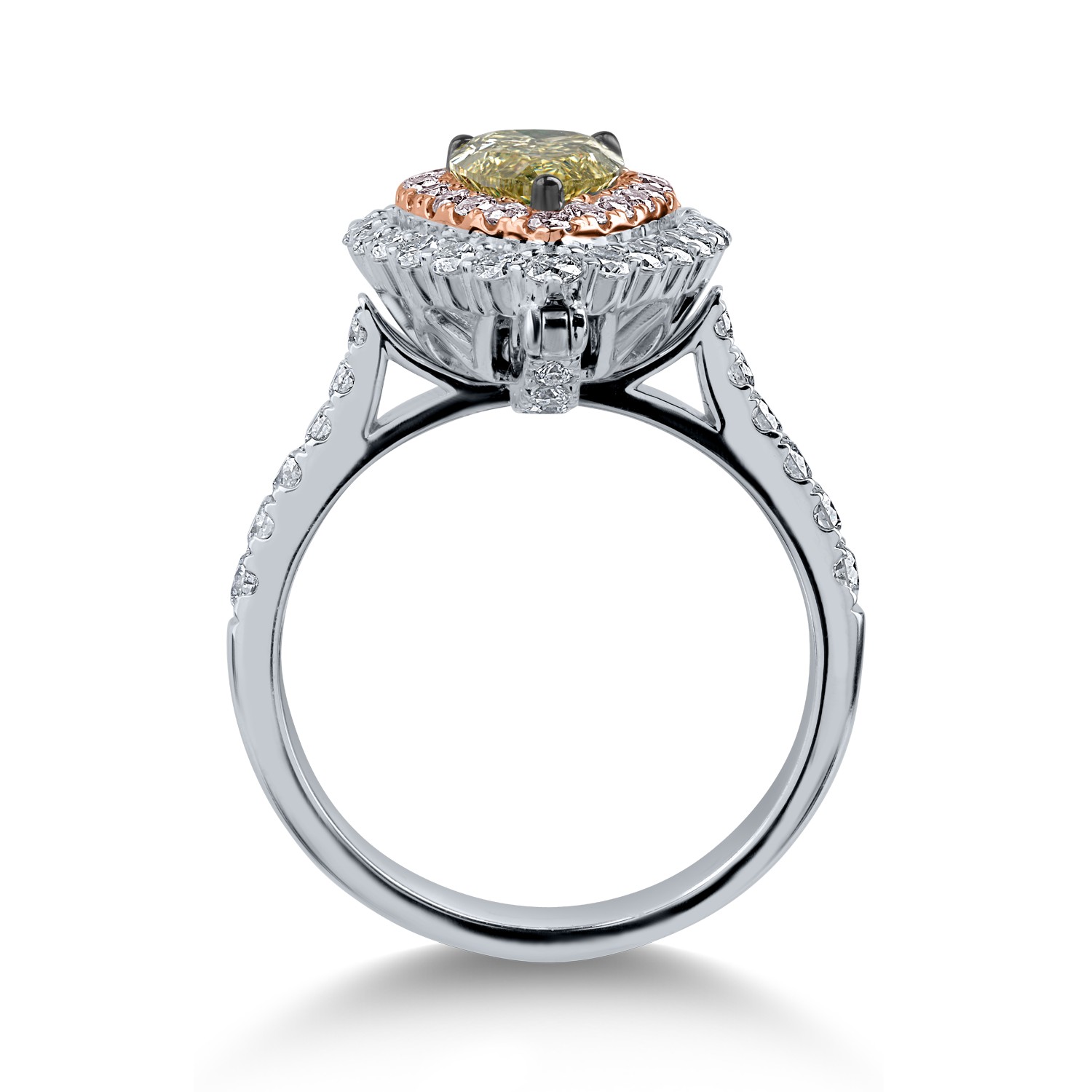 Fehér rózsa arany gyűrű egy 1.27ct központi zöld gyémánttal és 1.12ct színtelen és rózsaszín gyémántokkal