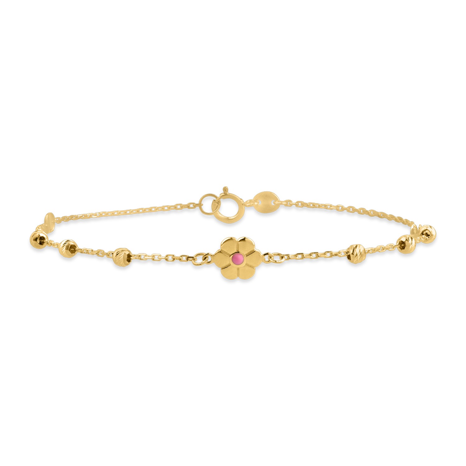 Yellow gold bracelet with beads and flower pendant