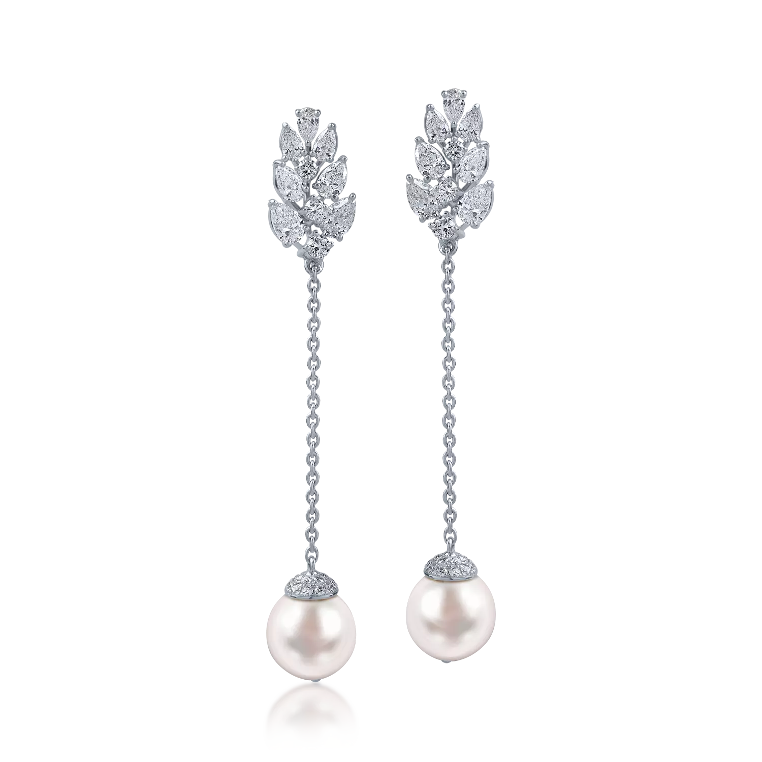 Fehérarany hosszú fülbevaló 10.8ct édesvízi gyöngyökkel és 1.88ct gyémántokkal