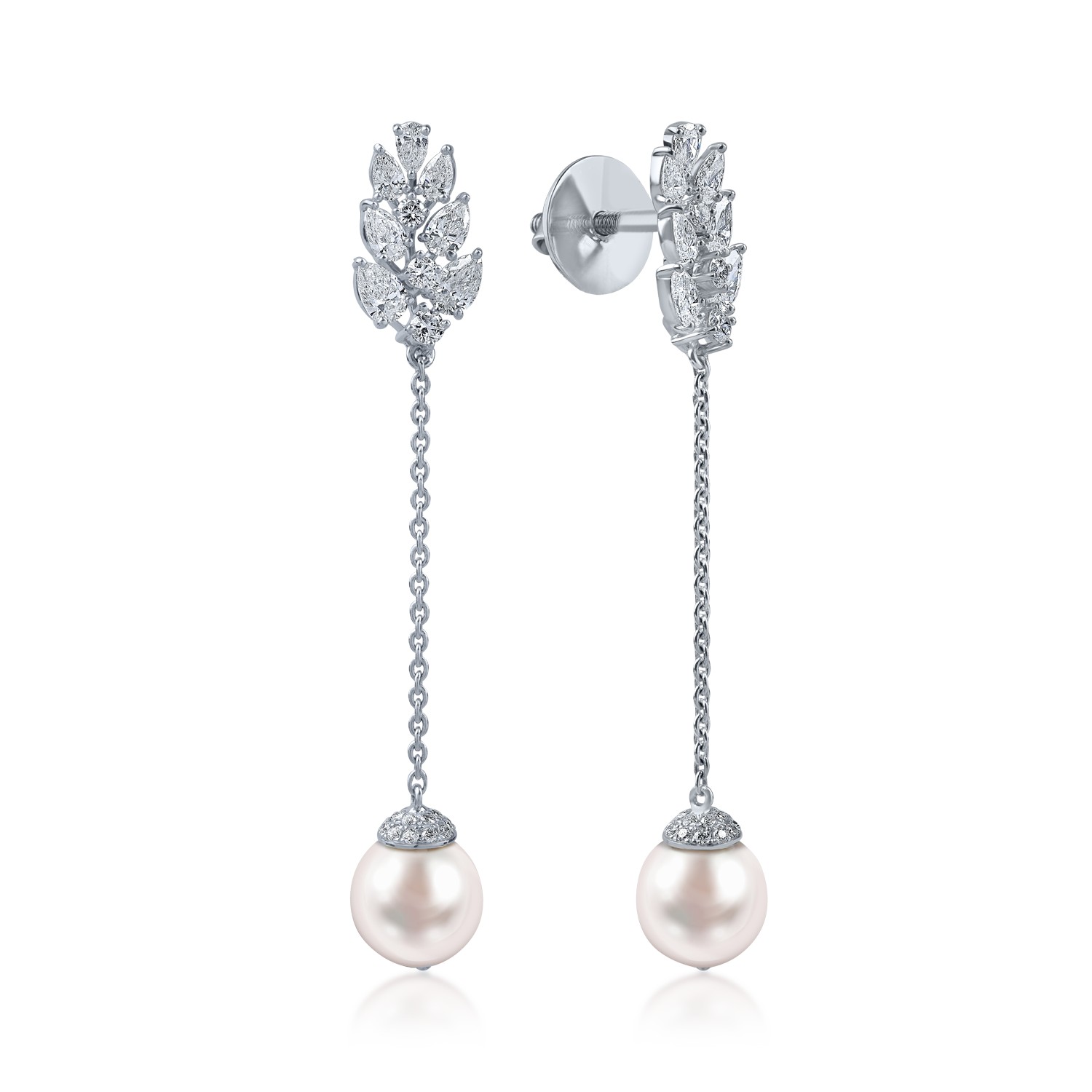 White gold long earrings with 10.8ct fresh water pearls and 1.88ct diamonds