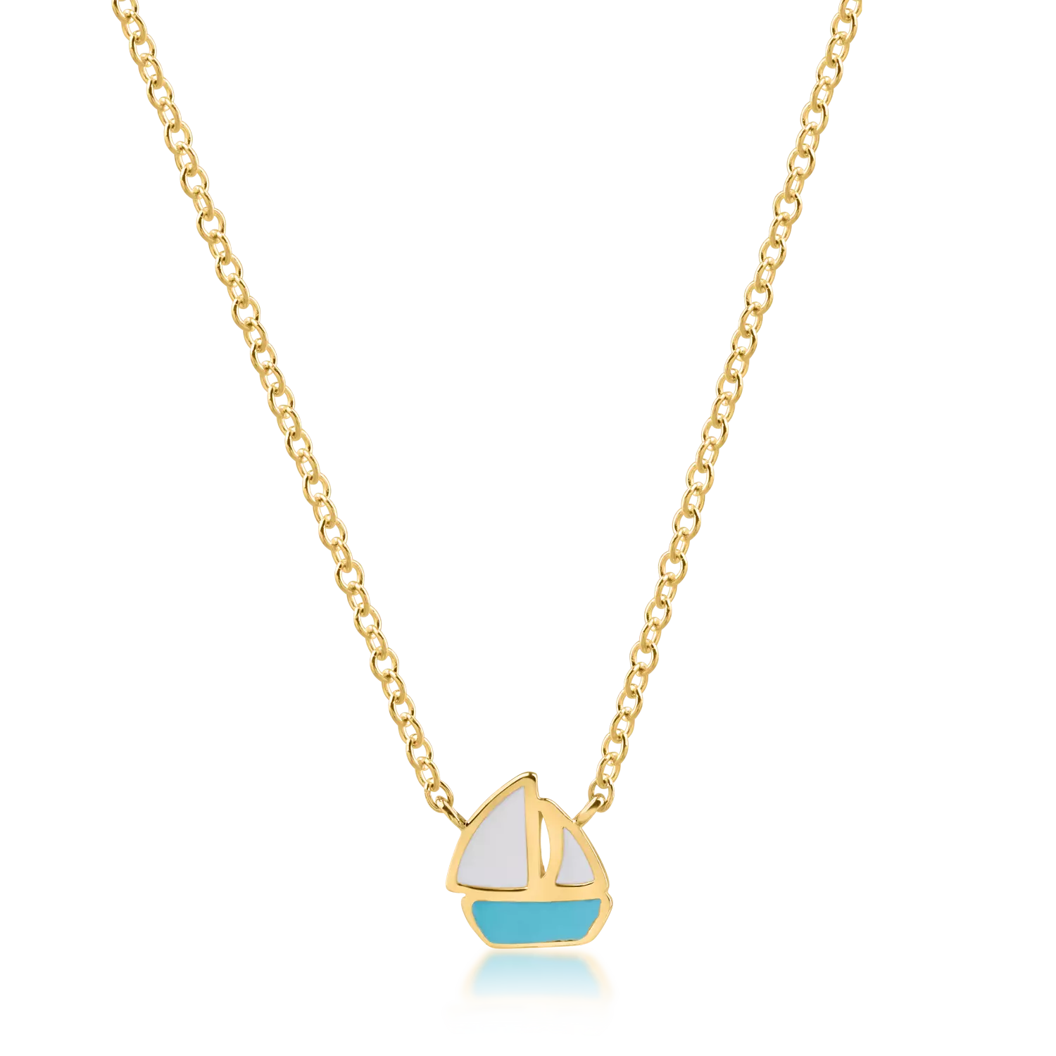 Yellow gold boat pendant necklace with white and turquoise inserts