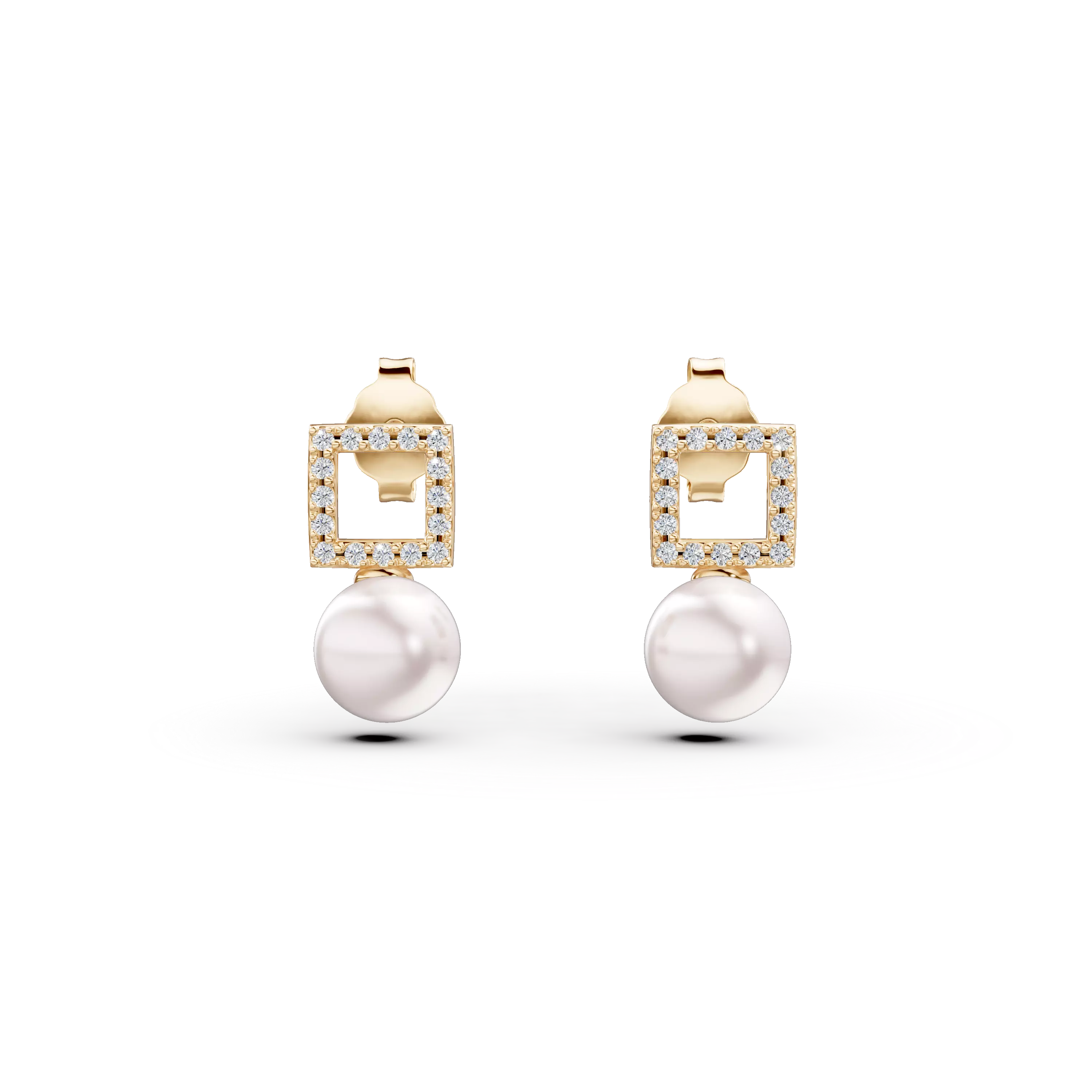 Yellow gold geometric earrings with zirconia and synthetic pearls