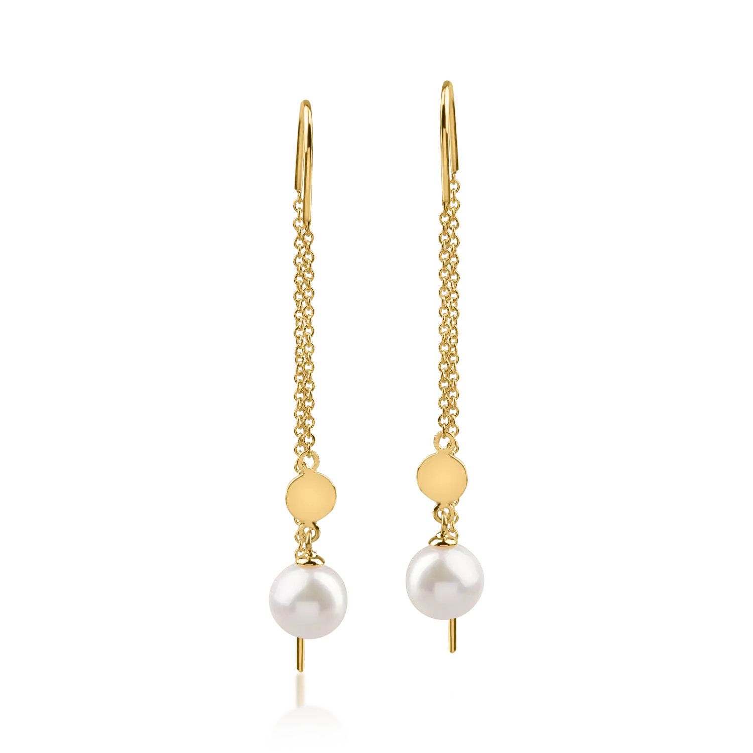 Yellow gold long earrings with synthetic pearls