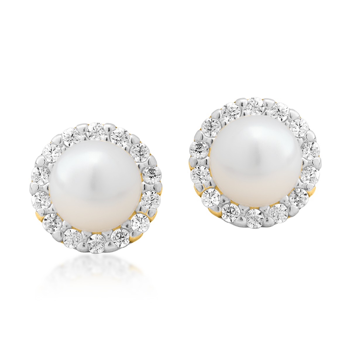Yellow gold minimalist earrings with synthetic pearls and zirconia