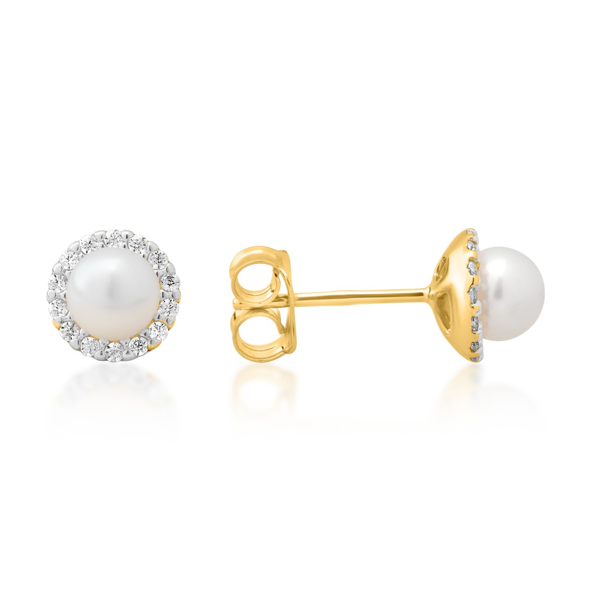 Yellow gold minimalist earrings with synthetic pearls and zirconia