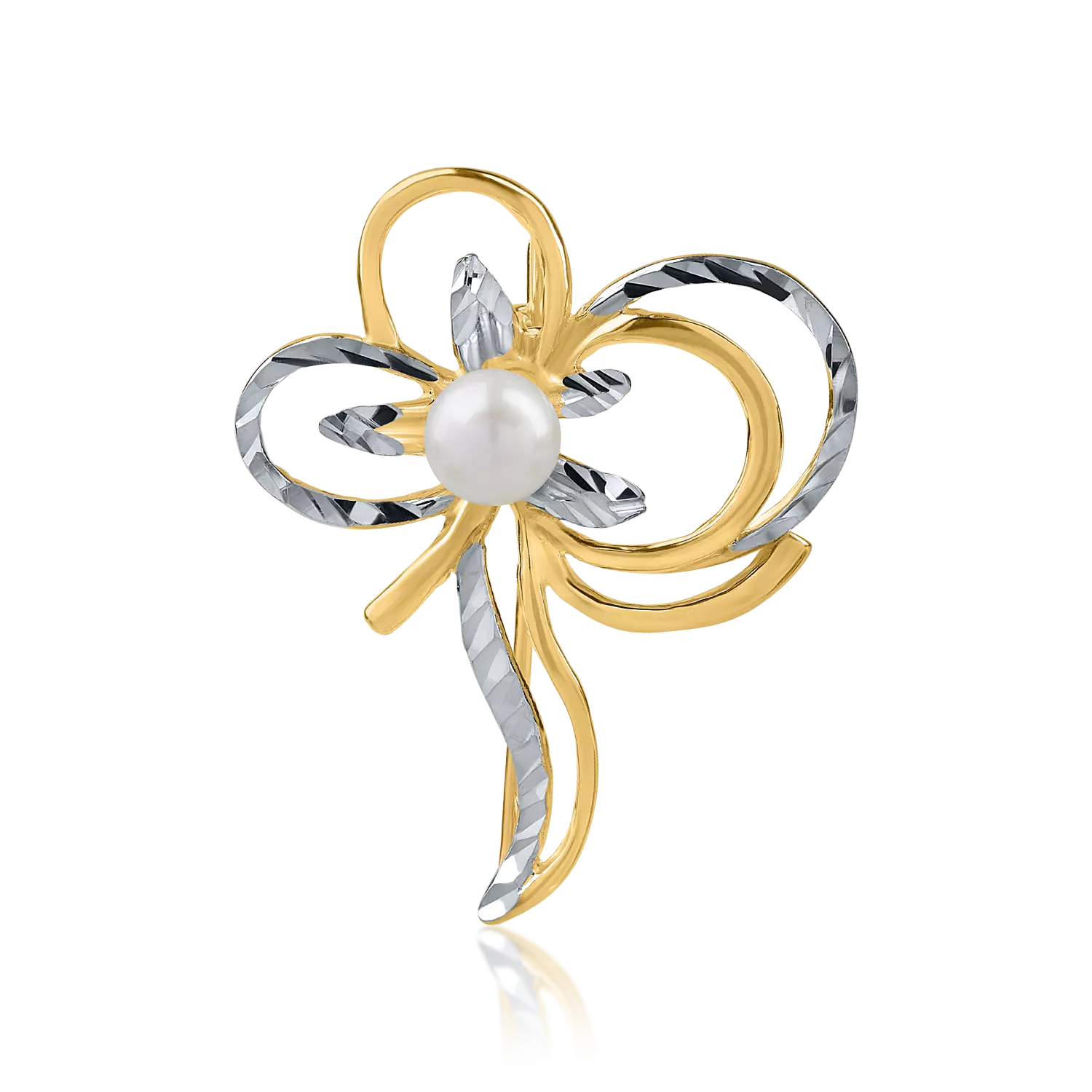 White-yellow gold flower brooch with synthetic pearl