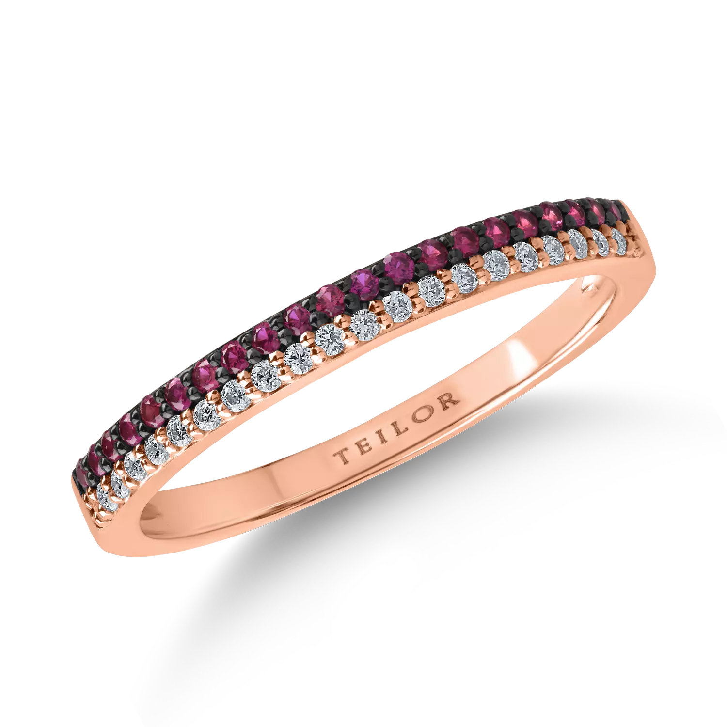 Fél örökkévalóság gyűrű rózsaszín aranyból 0.12ct rubinokkal és 0.1ct gyémántokkal