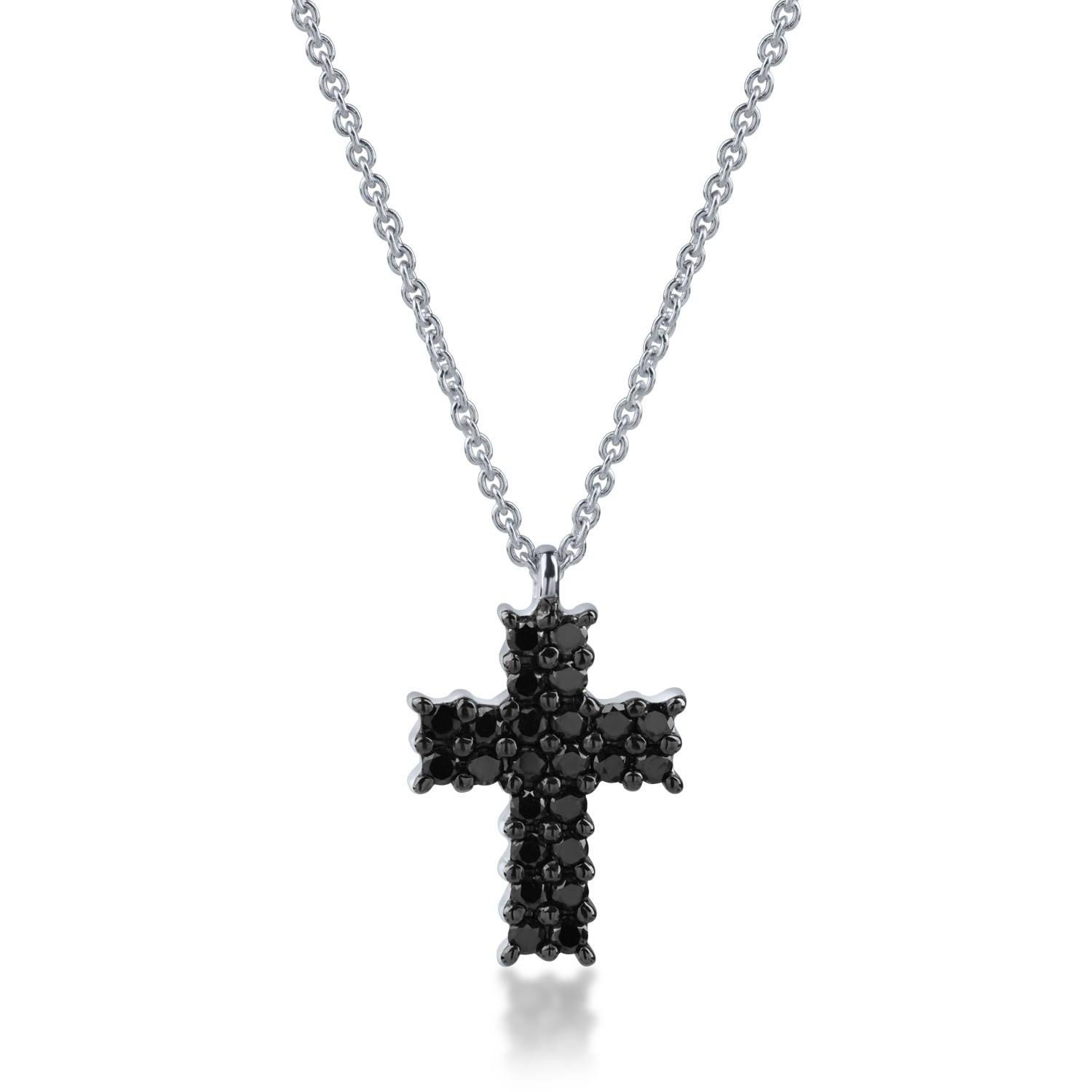 Naszyjnik w kształcie krzyża z białego złota z czarnymi diamentami o masie 0.38ct