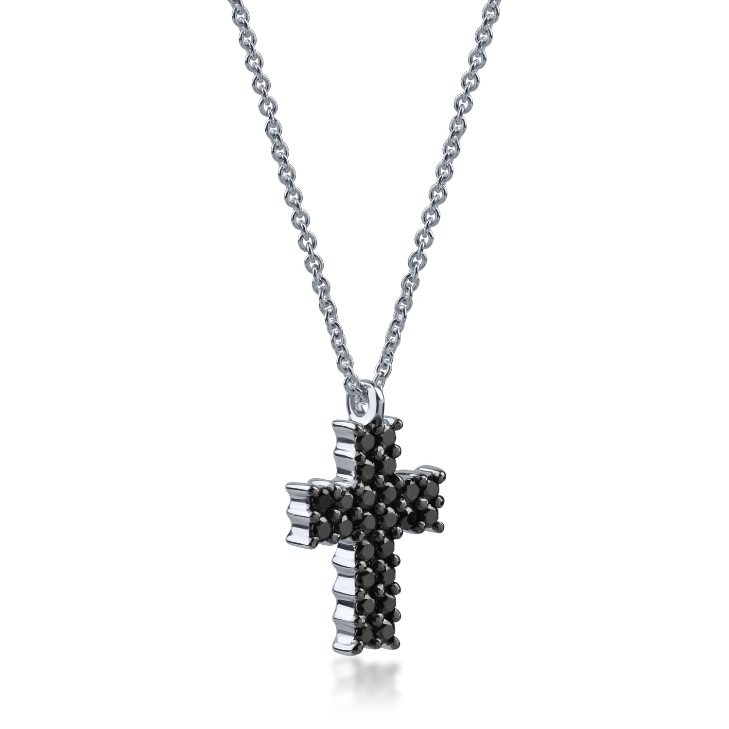 Naszyjnik w kształcie krzyża z białego złota z czarnymi diamentami o masie 0.38ct