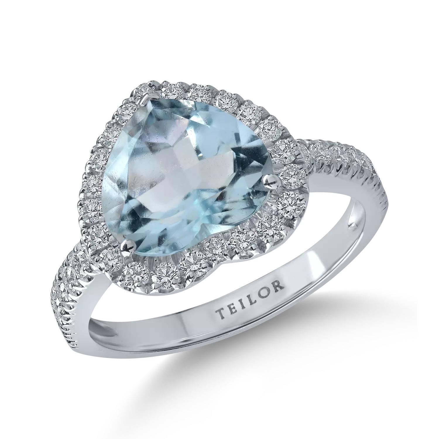 Fehérarany szívgyűrű 2.38ct akvamarinnal és 0.48ct gyémántokkal