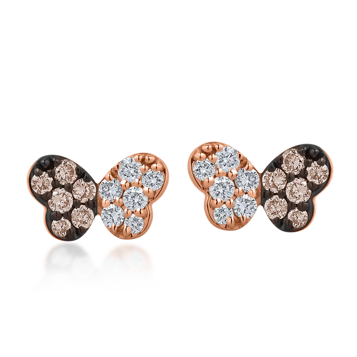 Rózsarany pillangós fülbevaló 0.15ct barna gyémántokkal és 0.14ct tiszta gyémántokkal